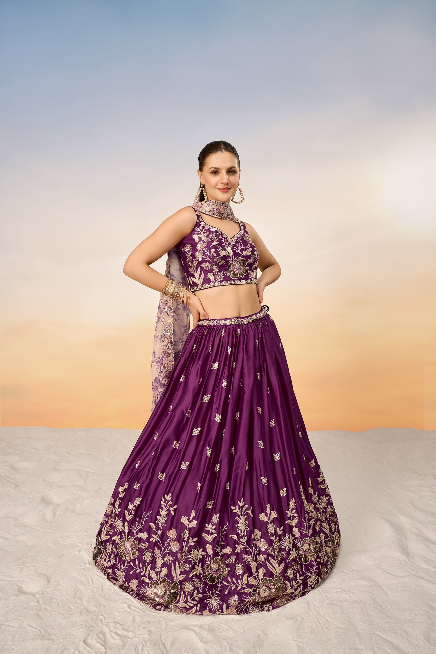 Burgundy Satin silk Sequins embroidery Lehenga Choli