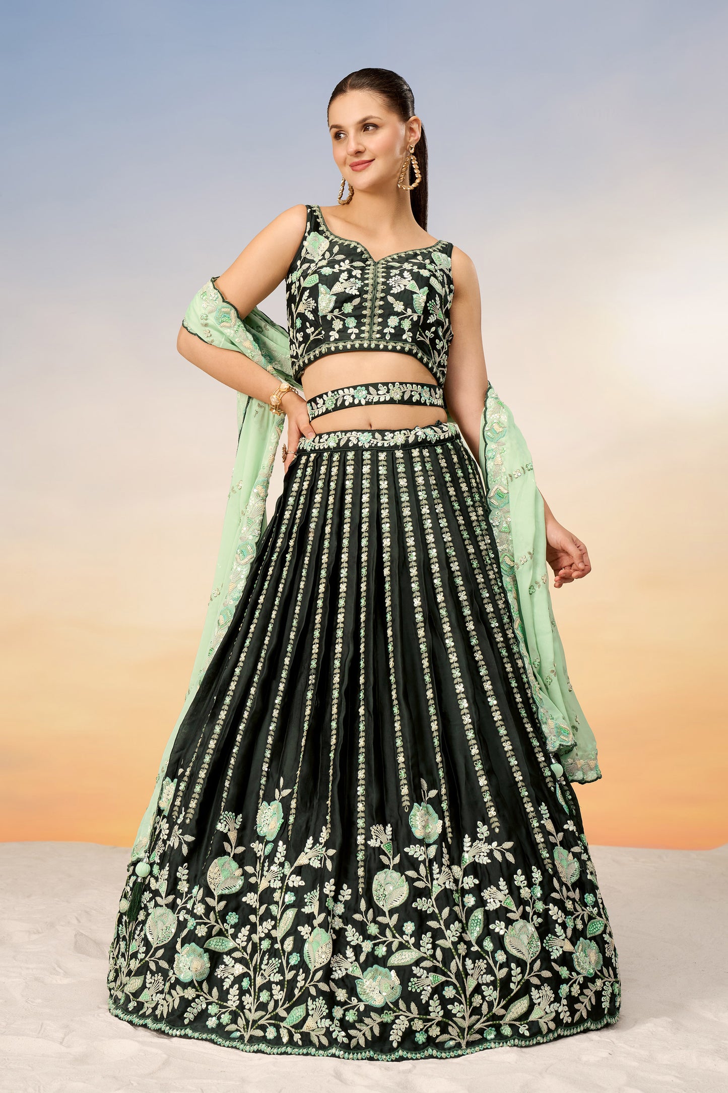 Green Satin Sequins with heavy Sequins embroidery Lehenga Choli