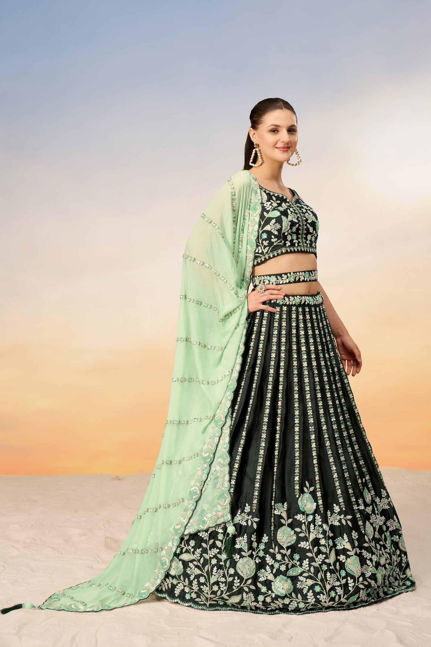 Green Satin Sequins with heavy Sequins embroidery Lehenga Choli