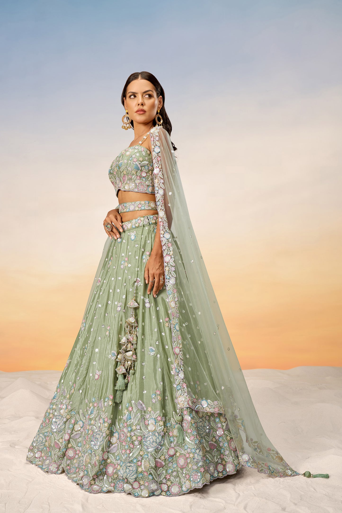 Lime green Chiffon Sequins and thread embroidery Lehenga Choli