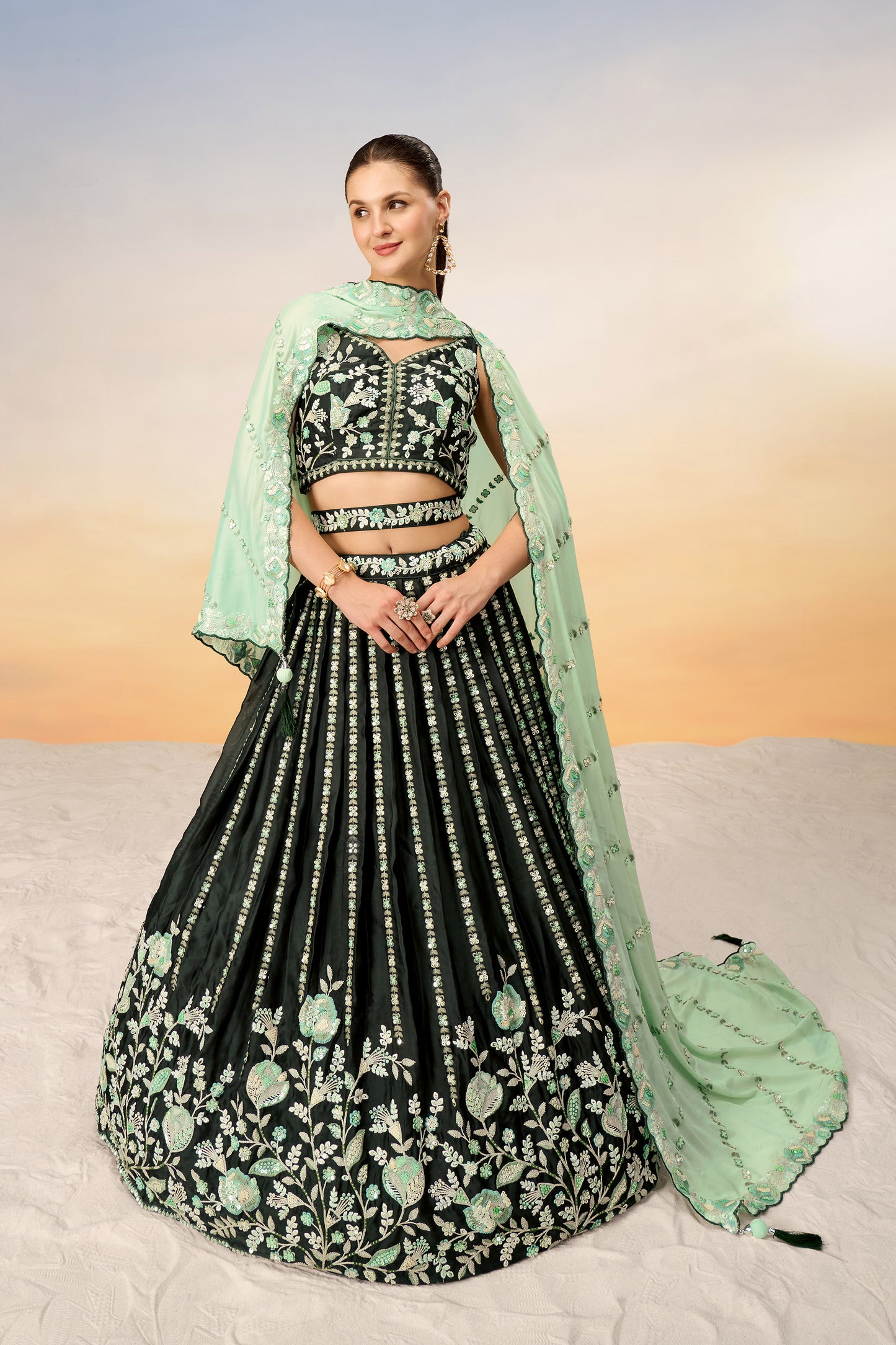 Green Satin Sequins with heavy Sequins embroidery Lehenga Choli