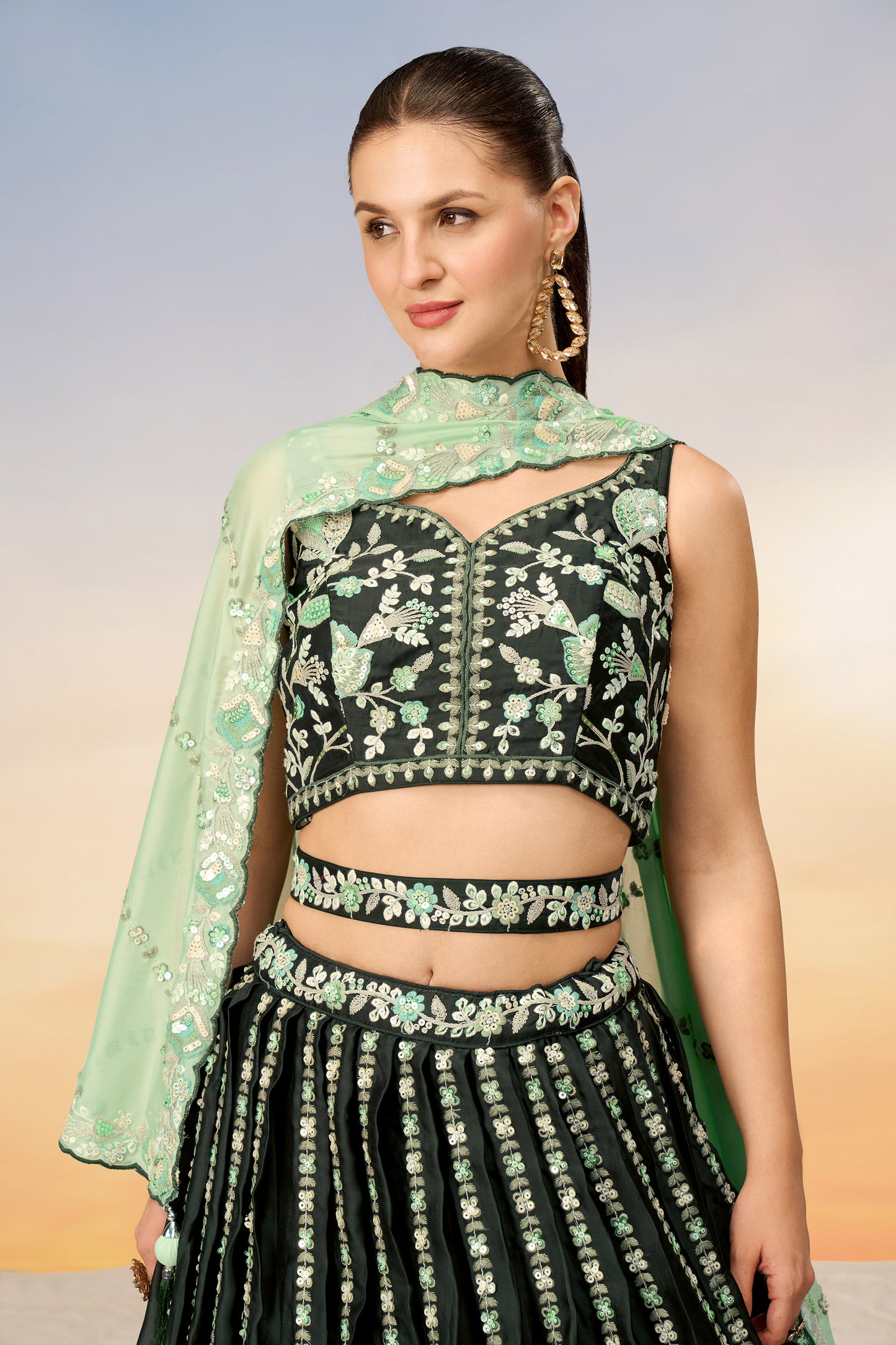 Green Satin Sequins with heavy Sequins embroidery Lehenga Choli