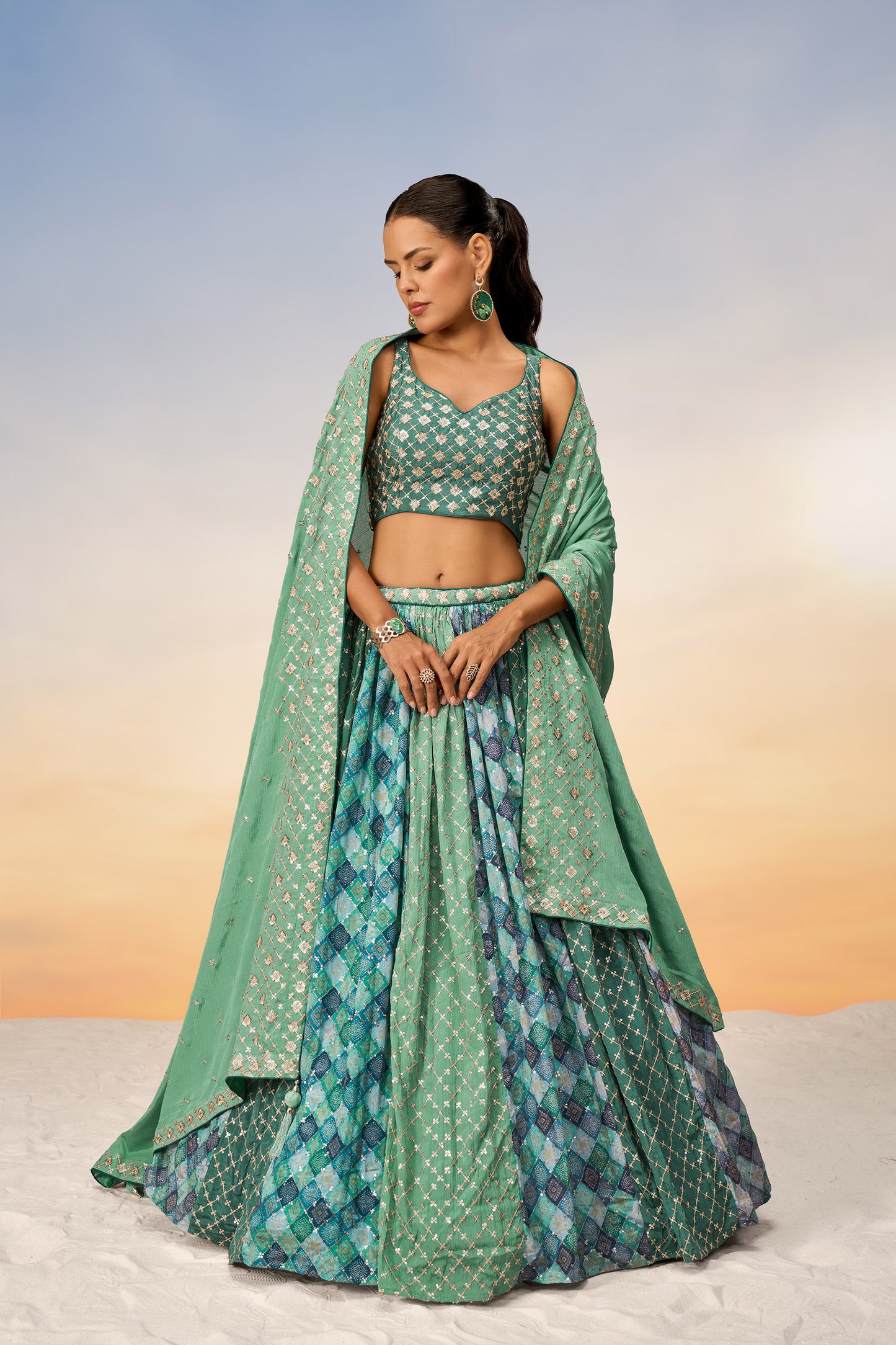 Lime Green Pure Chiffon position print with Sequins embroidery Lehenga Choli