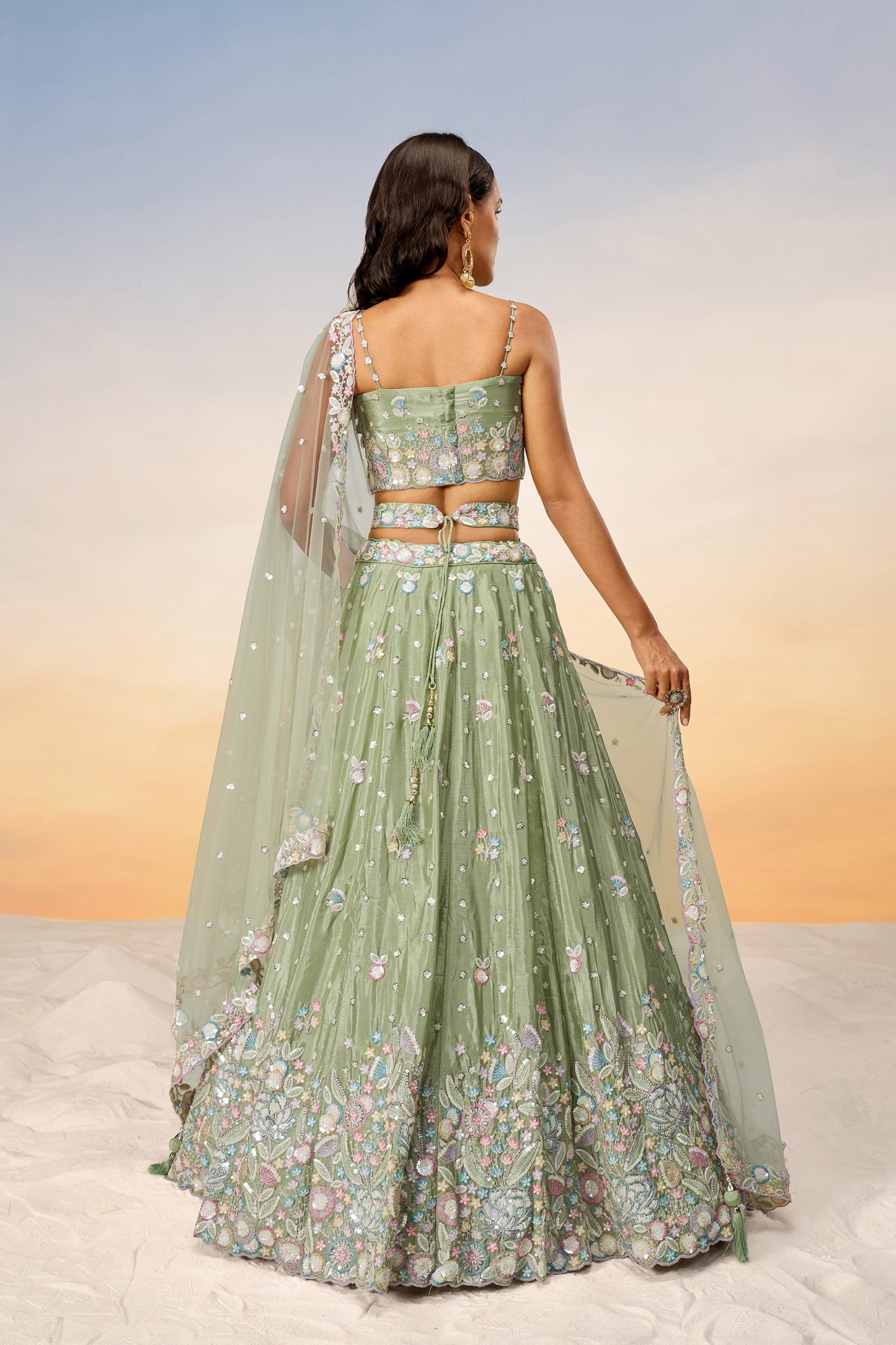 Lime green Chiffon Sequins and thread embroidery Lehenga Choli