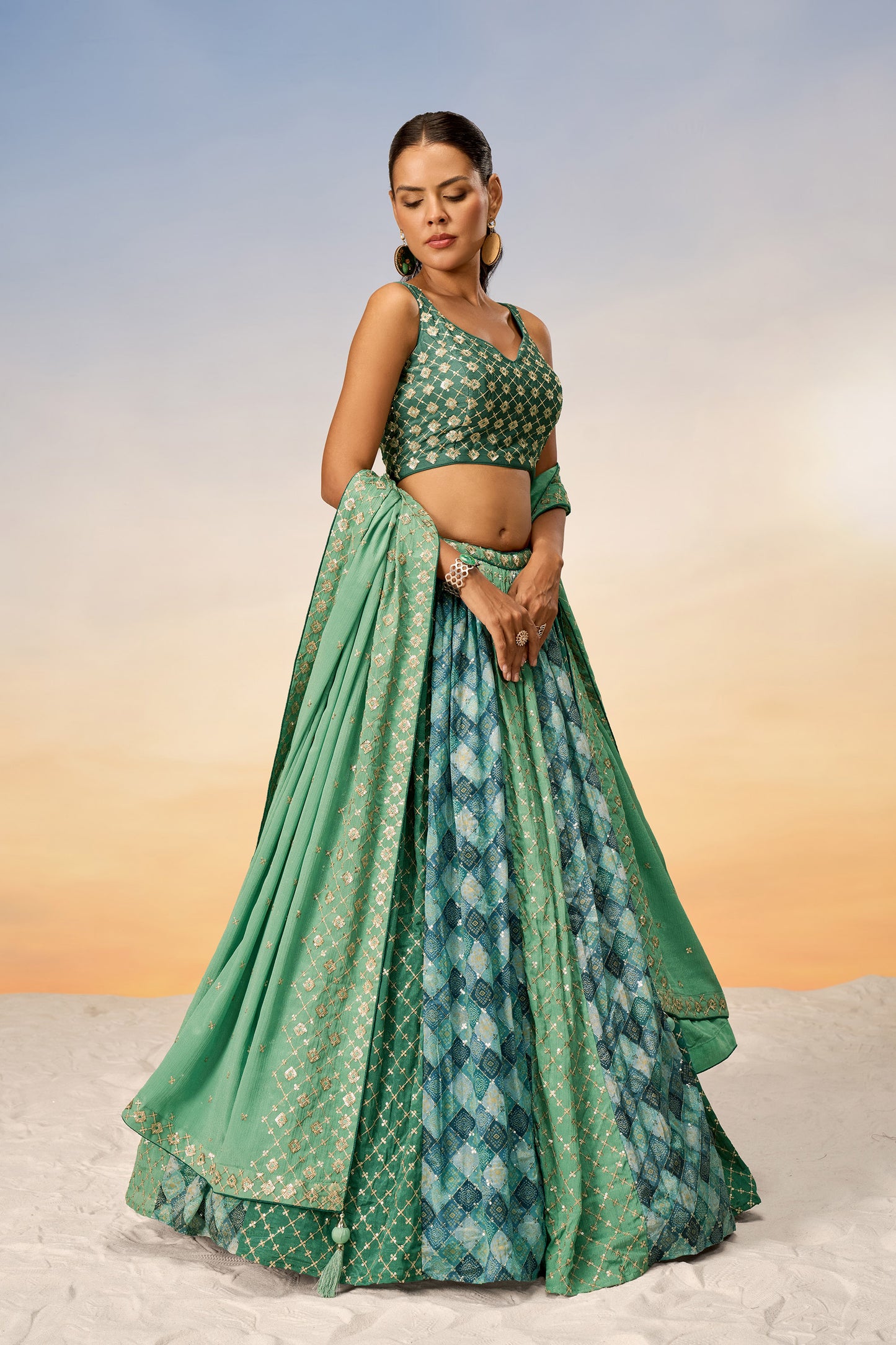 Lime Green Pure Chiffon position print with Sequins embroidery Lehenga Choli