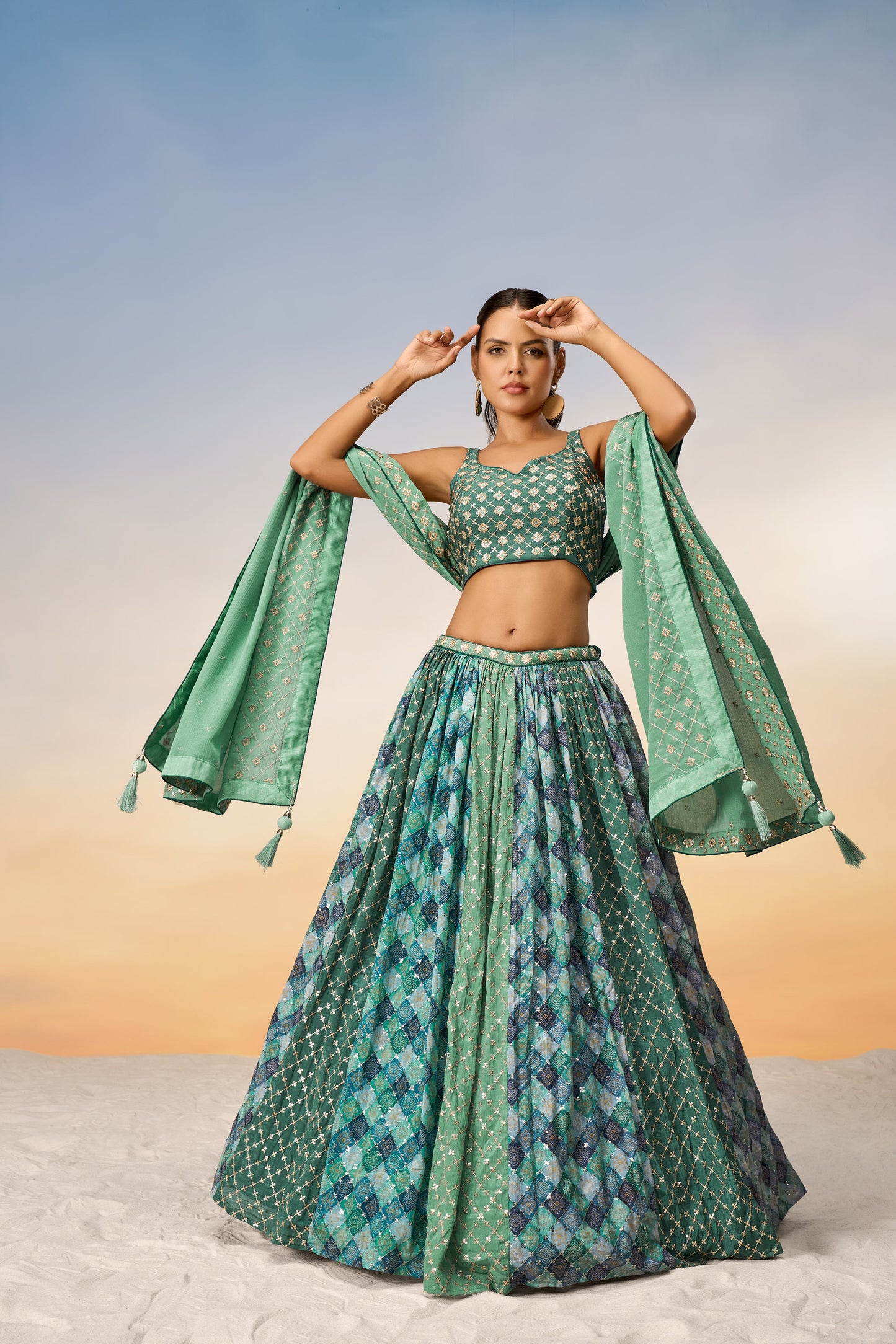 Lime Green Pure Chiffon position print with Sequins embroidery Lehenga Choli