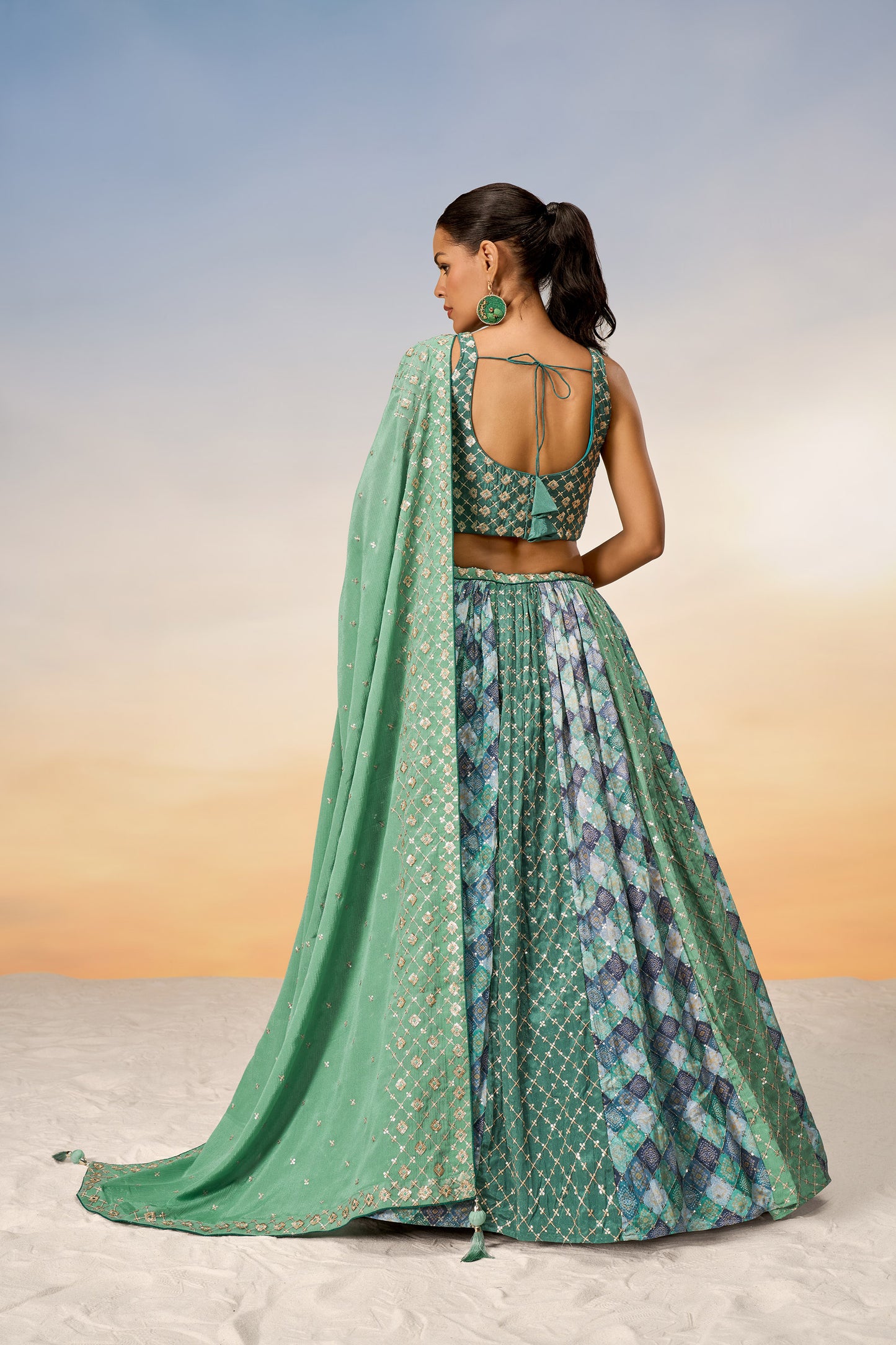 Lime Green Pure Chiffon position print with Sequins embroidery Lehenga Choli