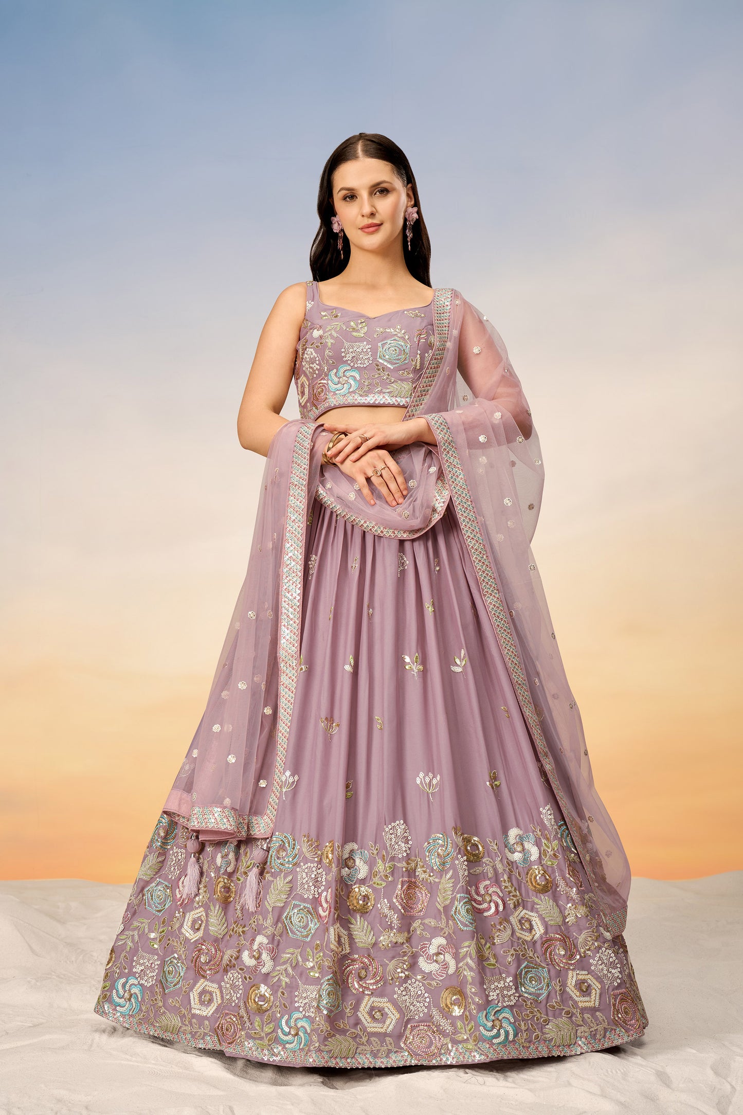 Mauve Pure Georgette Sequins embroidery Lehenga Choli