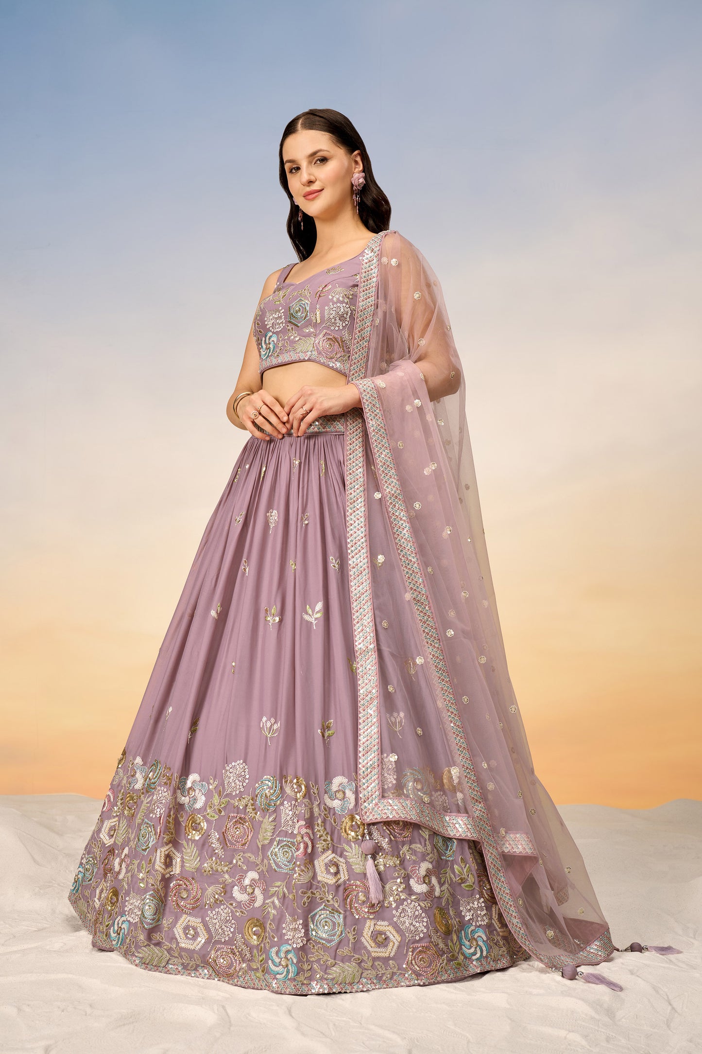 Mauve Pure Georgette Sequins embroidery Lehenga Choli