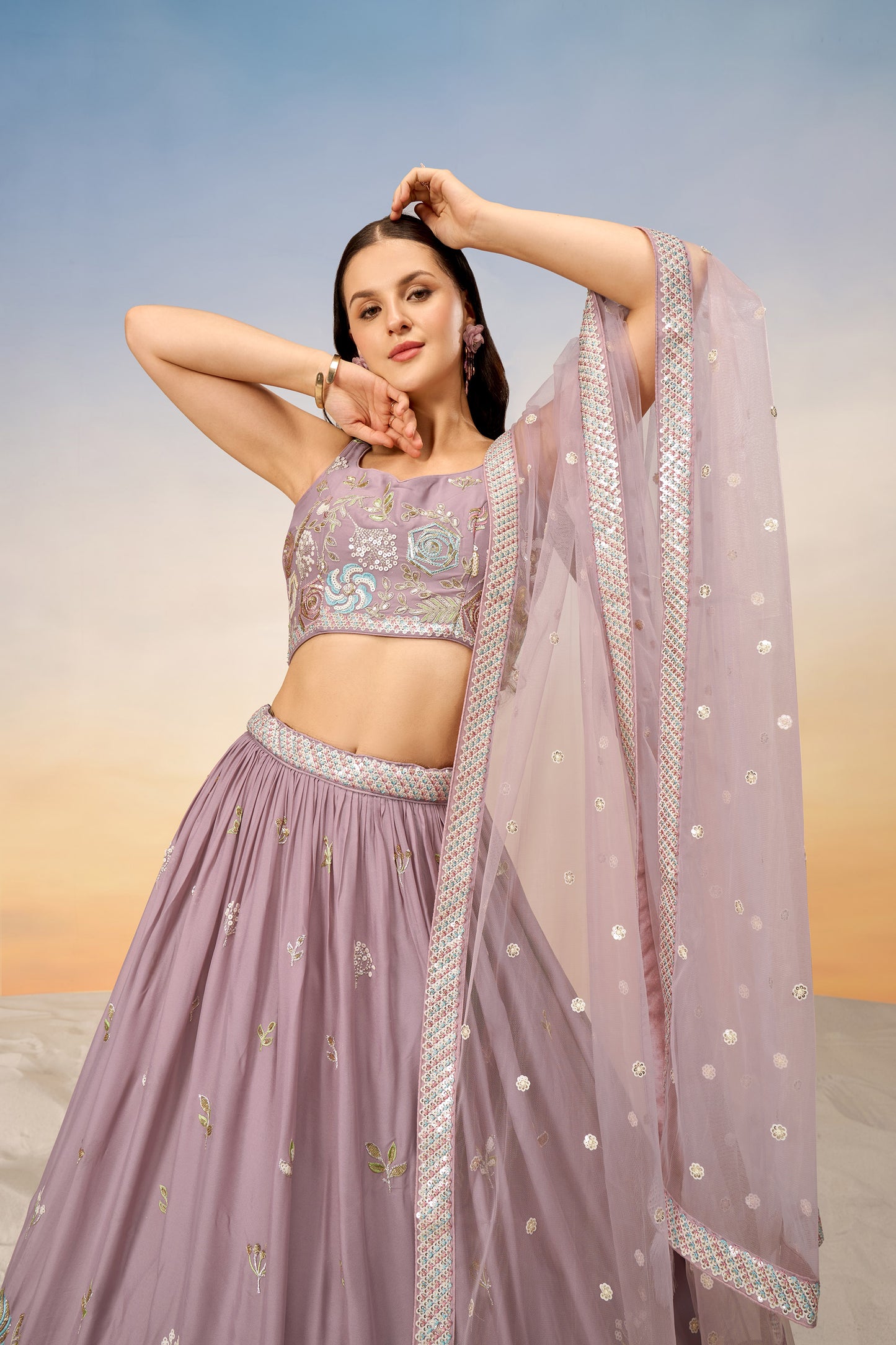 Mauve Pure Georgette Sequins embroidery Lehenga Choli