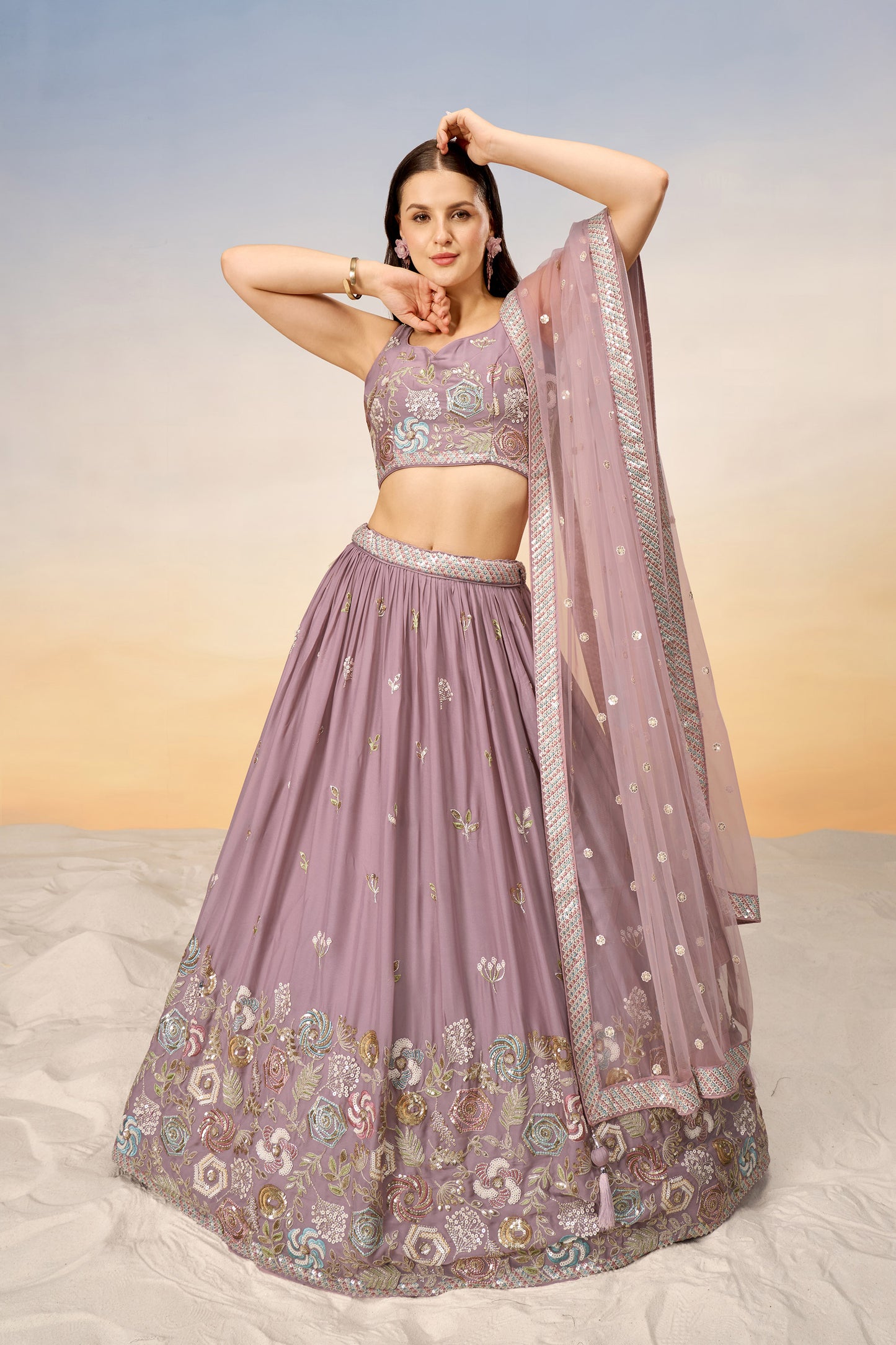 Mauve Pure Georgette Sequins embroidery Lehenga Choli