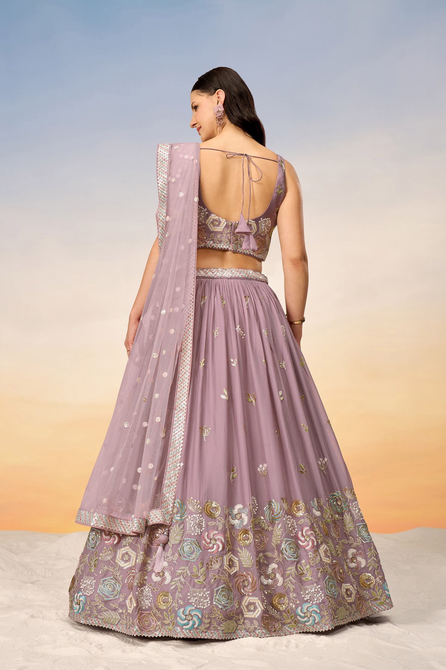 Mauve Pure Georgette Sequins embroidery Lehenga Choli