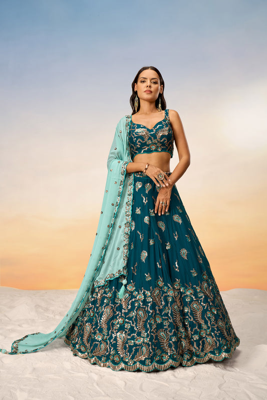 Teal Pure Georgette with heavy Sequins embroidery Lehenga Choli