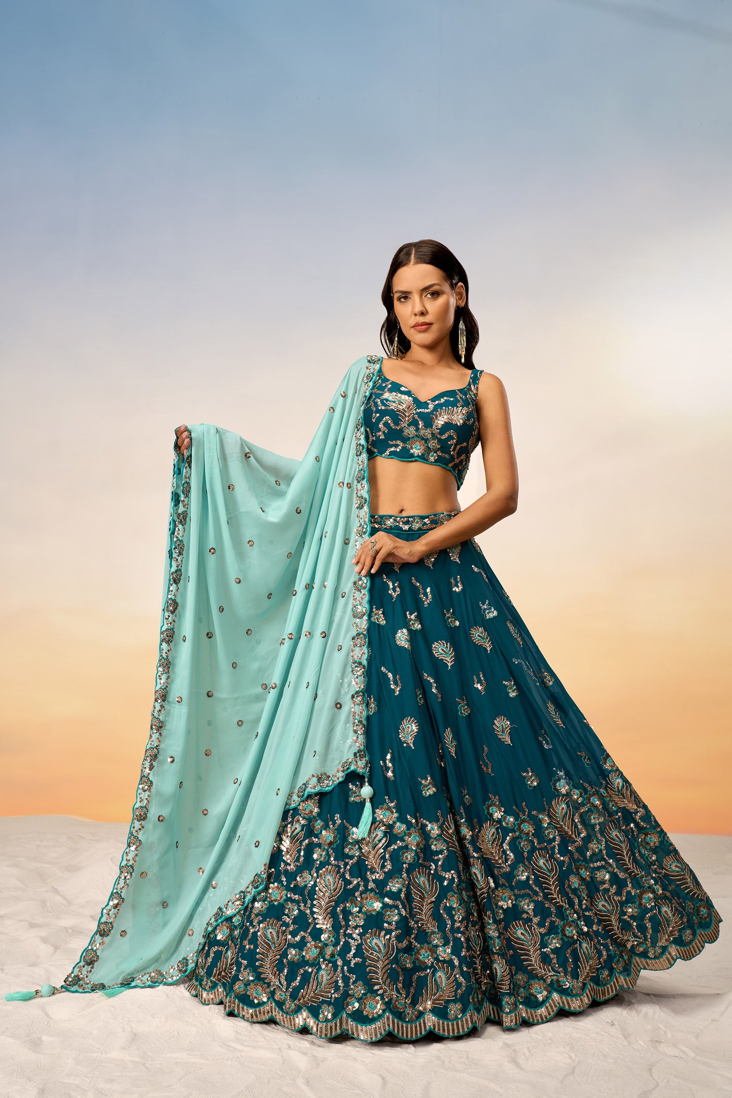 Teal Pure Georgette with heavy Sequins embroidery Lehenga Choli