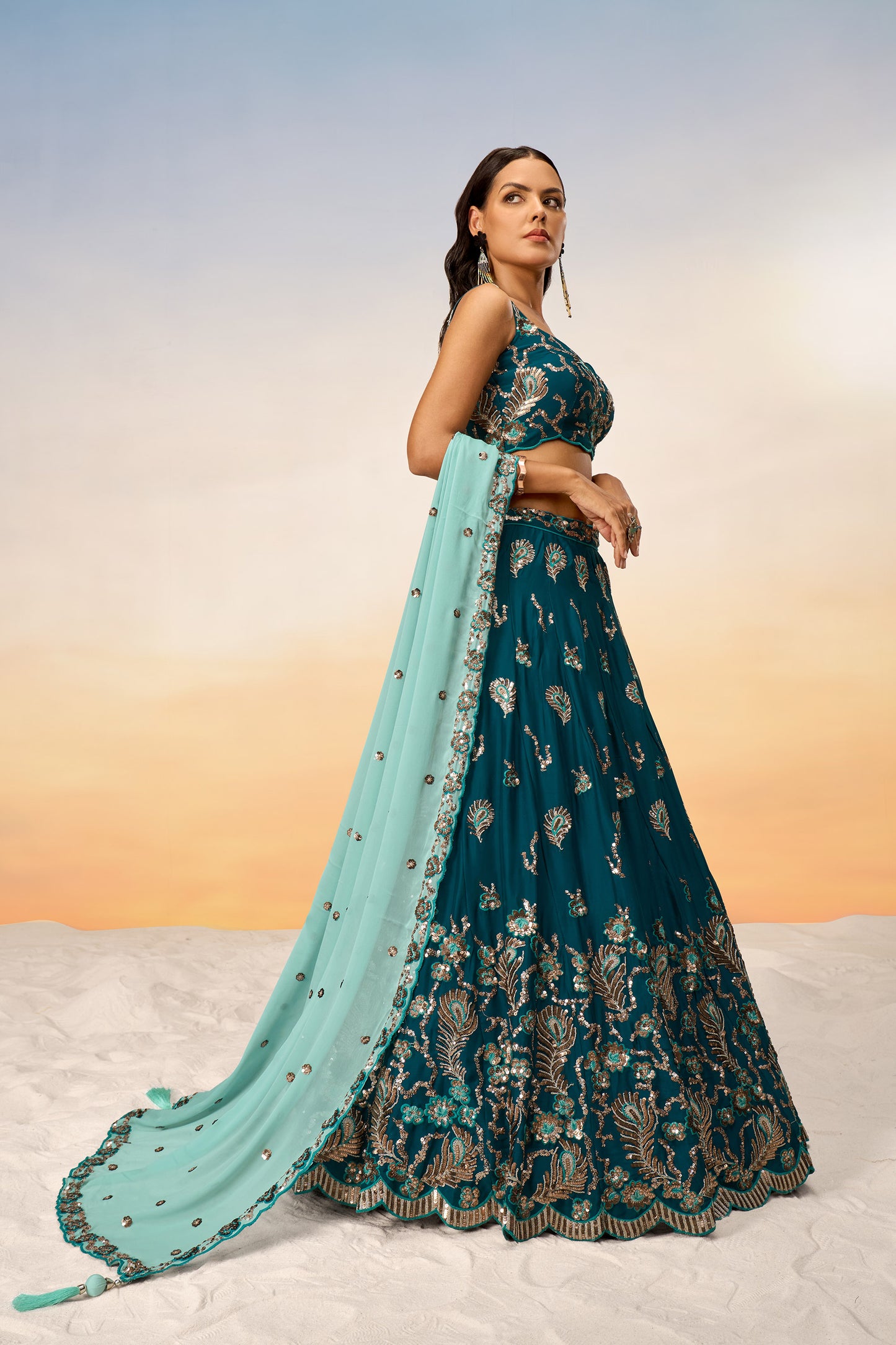 Teal Pure Georgette with heavy Sequins embroidery Lehenga Choli