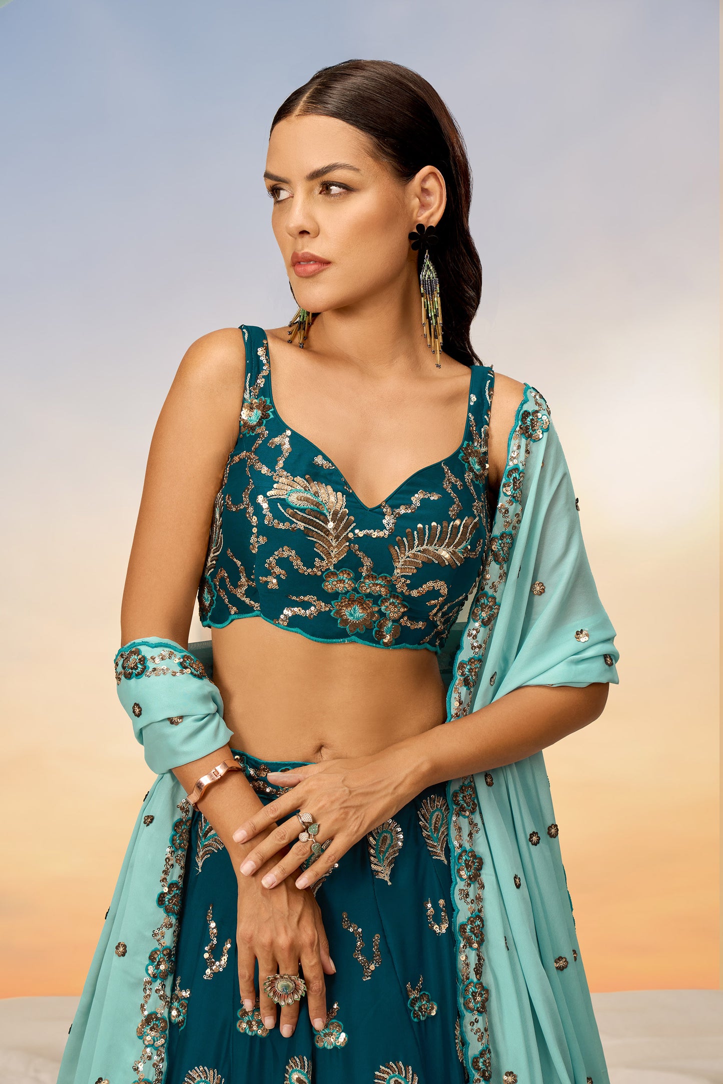 Teal Pure Georgette with heavy Sequins embroidery Lehenga Choli