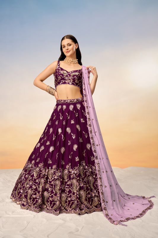 Burgundy Pure Georgette with heavy Sequins embroidery Lehenga Choli