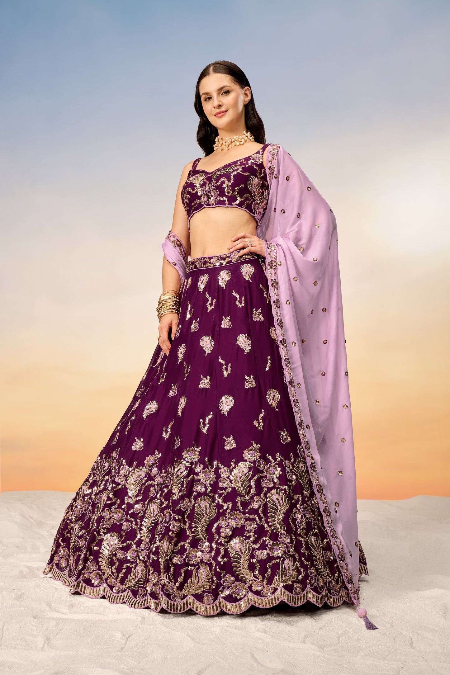 Burgundy Pure Georgette with heavy Sequins embroidery Lehenga Choli