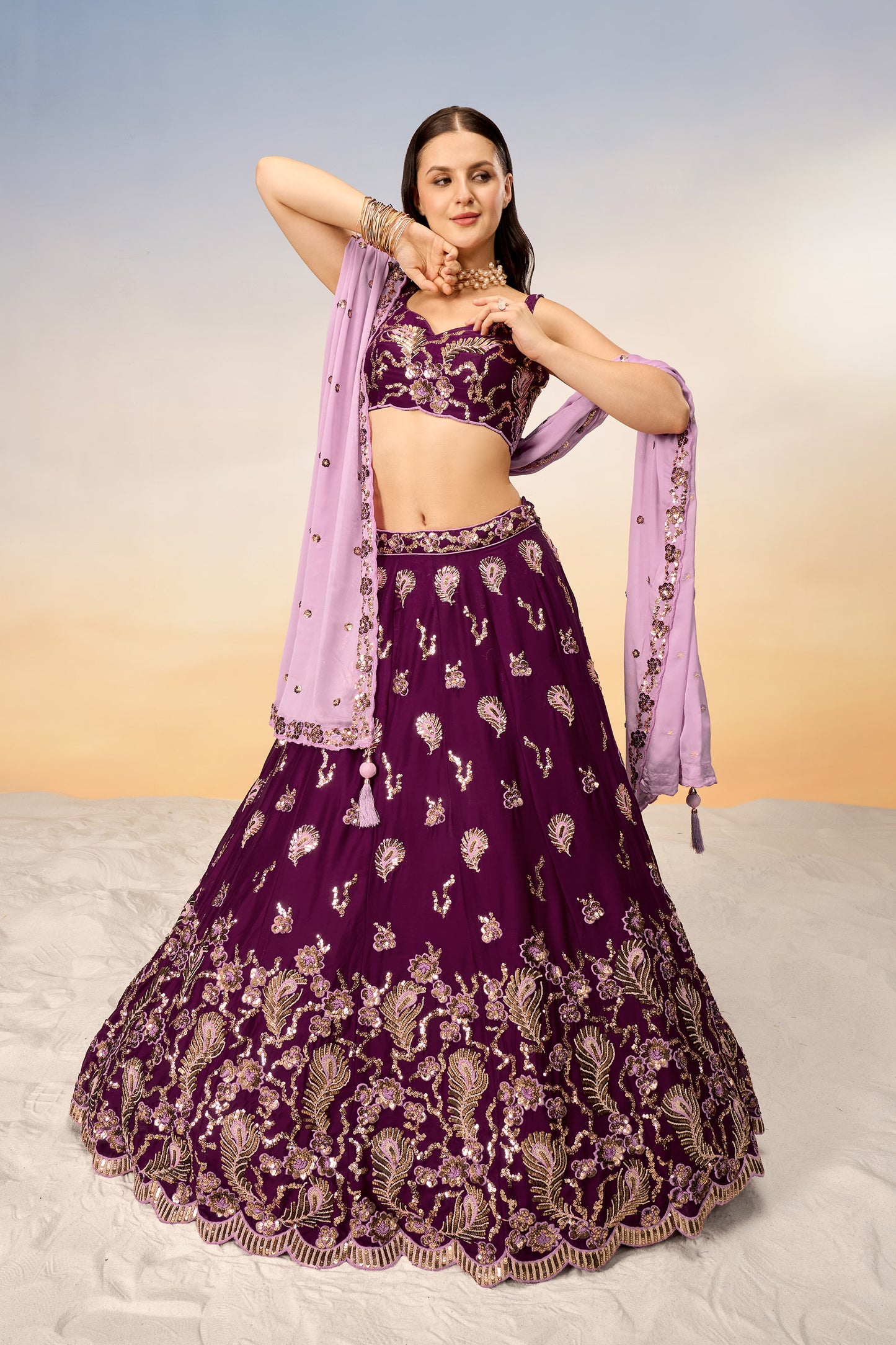 Burgundy Pure Georgette with heavy Sequins embroidery Lehenga Choli