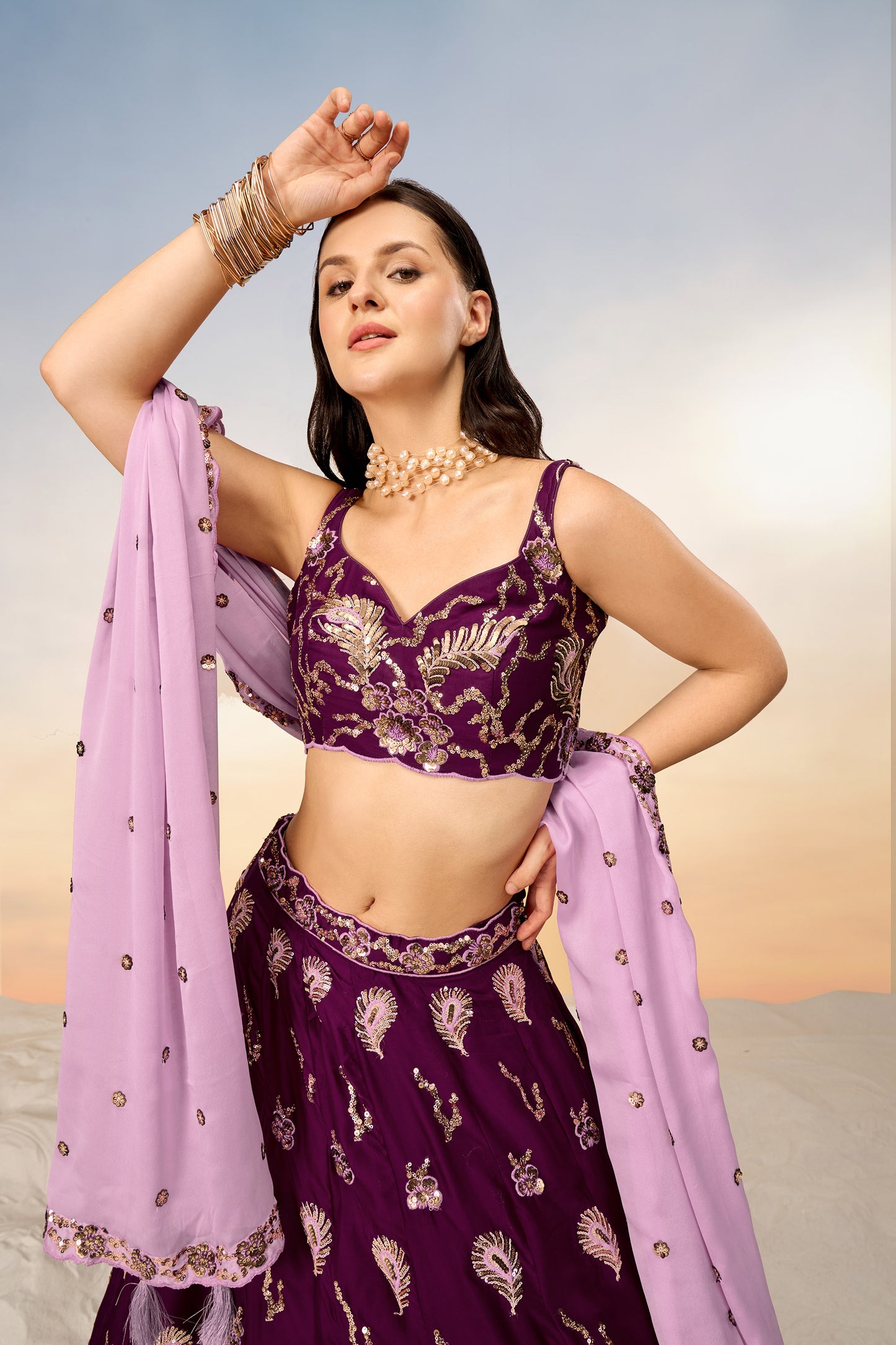 Burgundy Pure Georgette with heavy Sequins embroidery Lehenga Choli