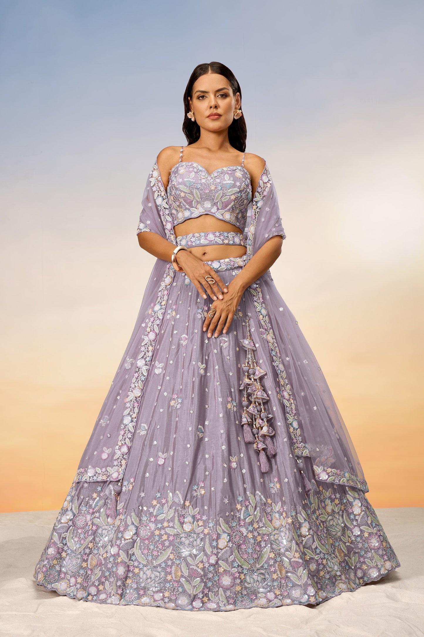 Mauve Chiffon Sequins and thread embroidery Lehenga Choli