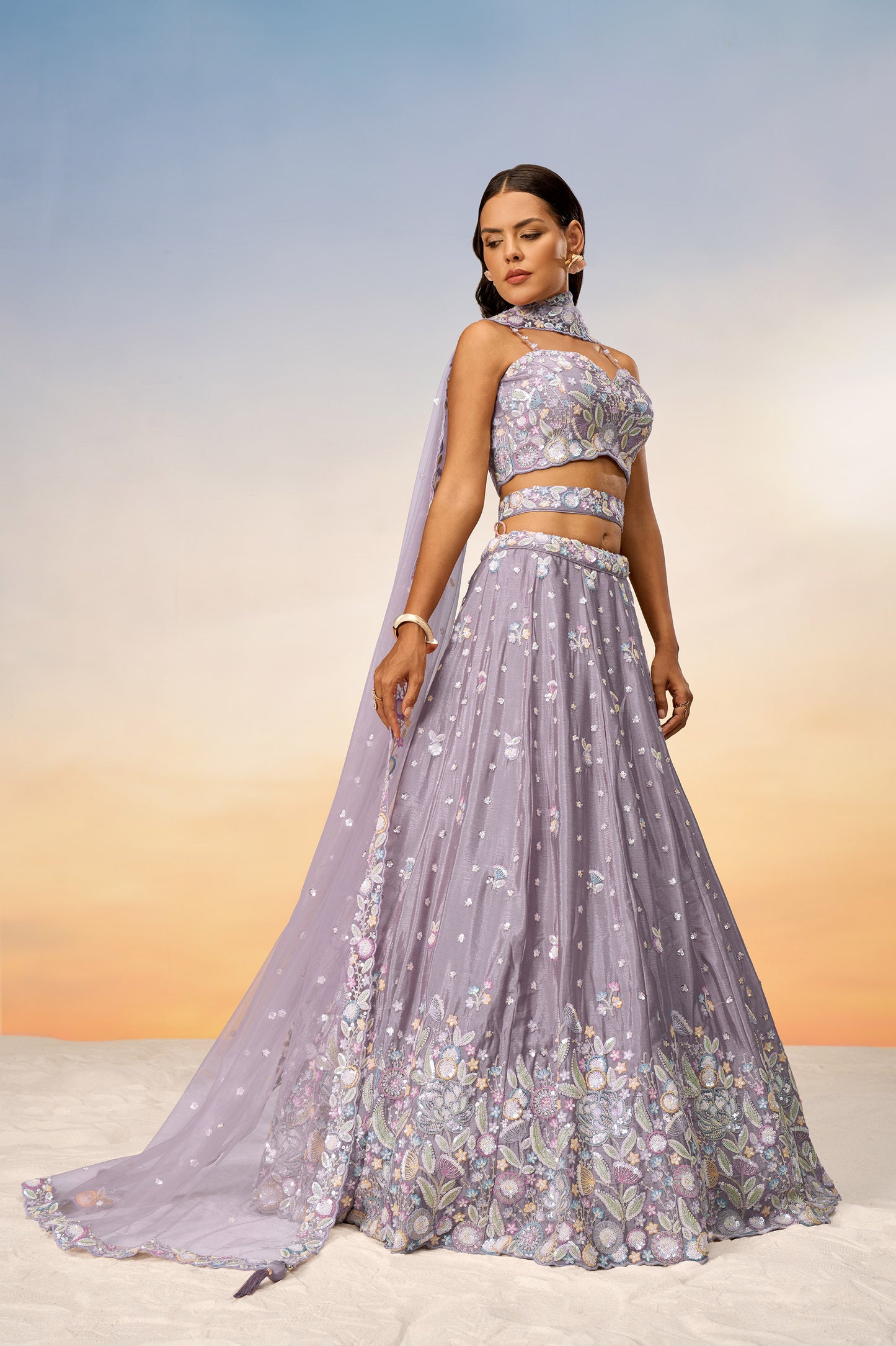 Mauve Chiffon Sequins and thread embroidery Lehenga Choli