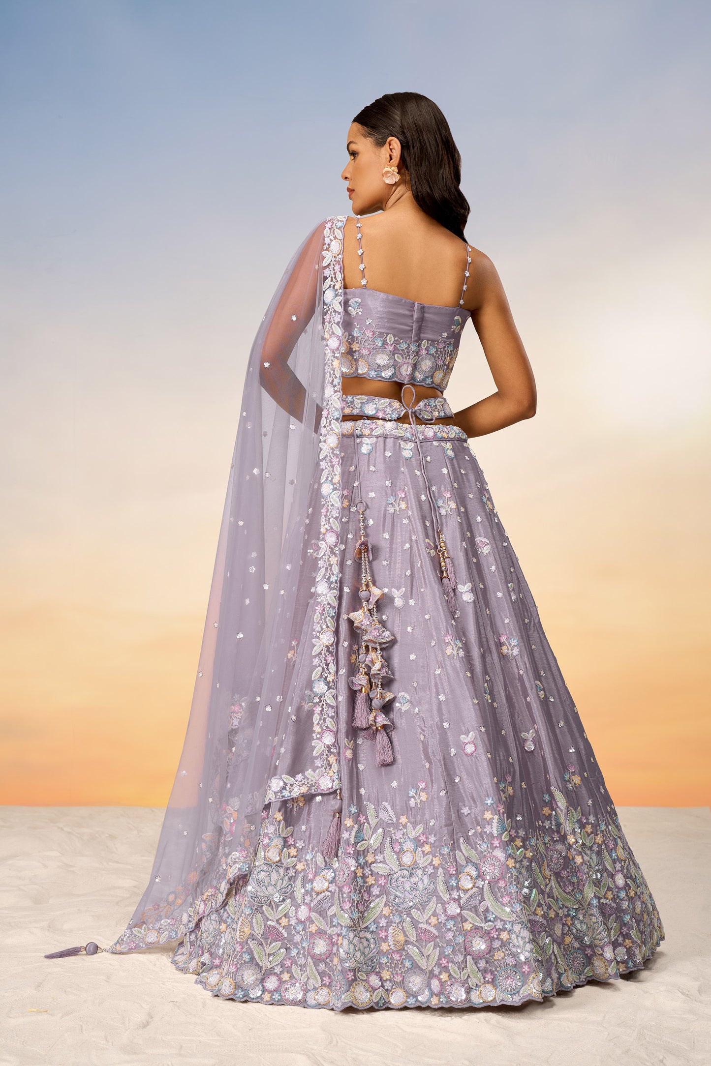 Mauve Chiffon Sequins and thread embroidery Lehenga Choli