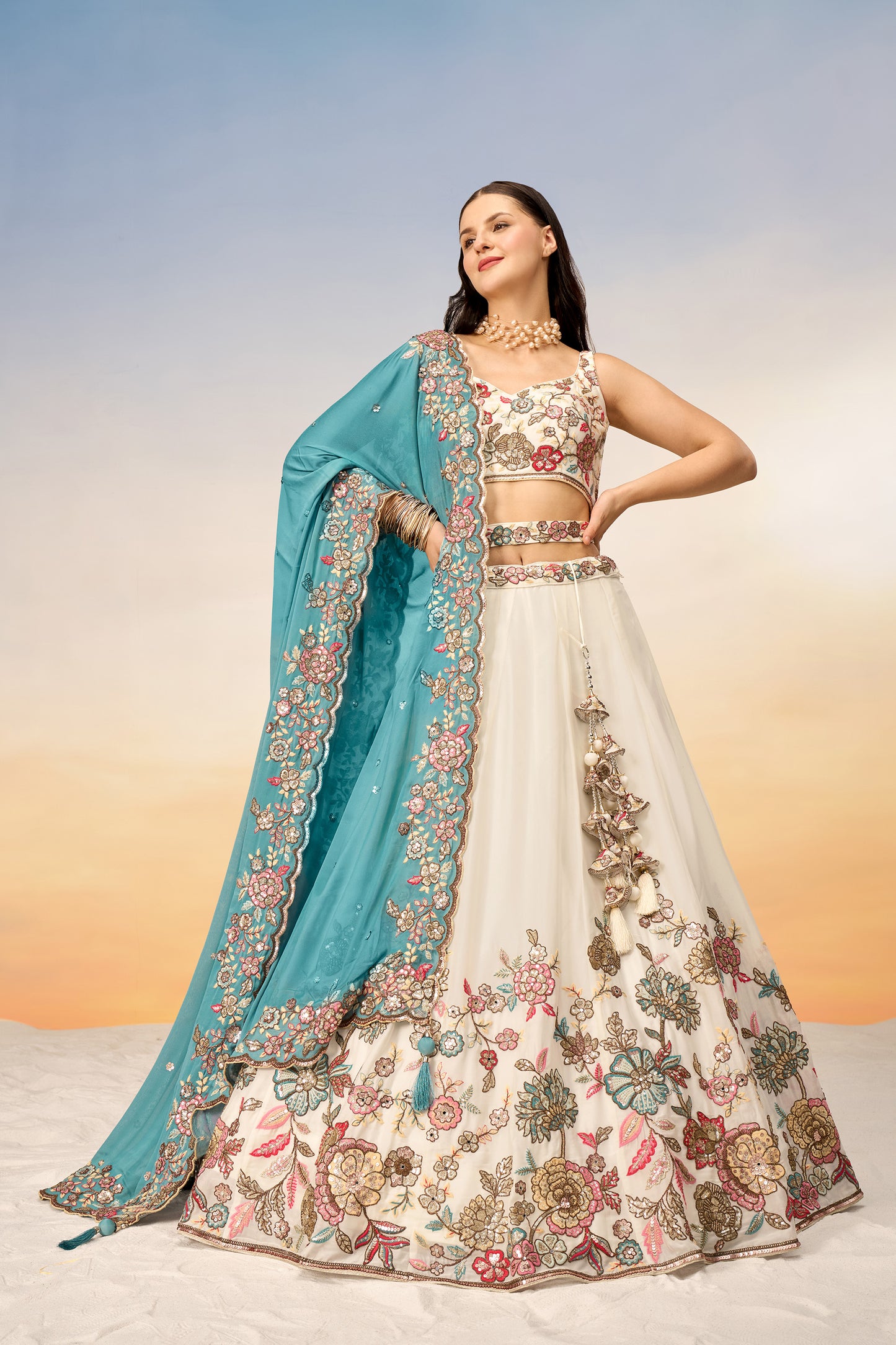 Cream Pure Georgette Mirror with Sequins embroidery Semi-Stitched Lehenga choli & Dupatta