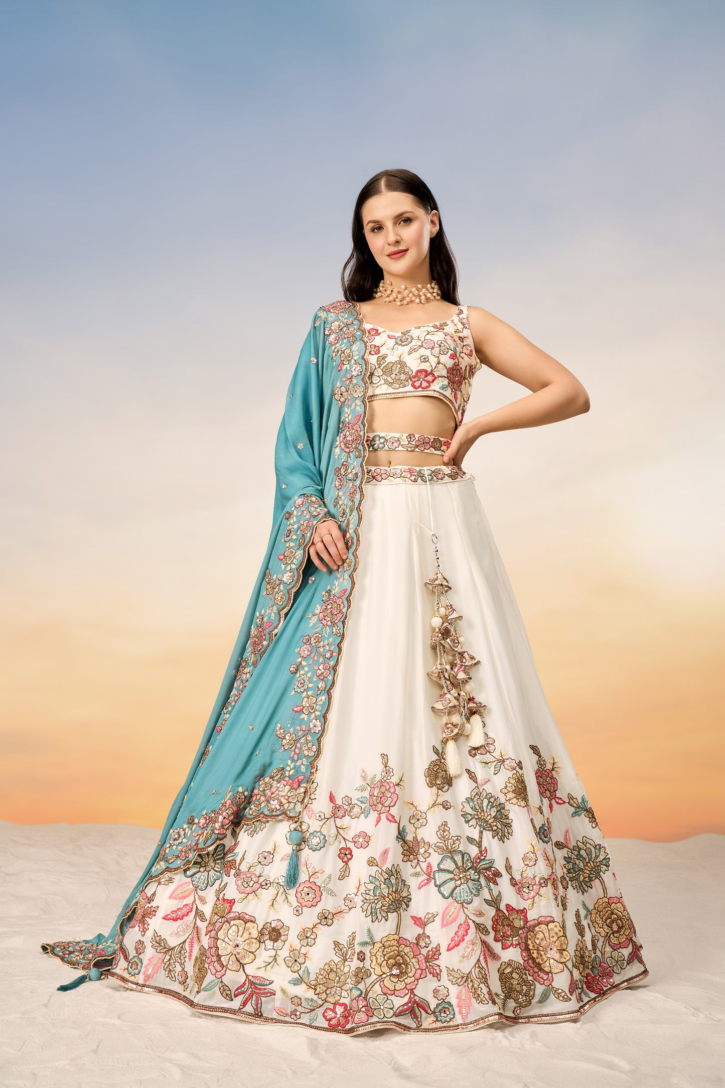 Cream Pure Georgette Mirror with Sequins embroidery Semi-Stitched Lehenga choli & Dupatta