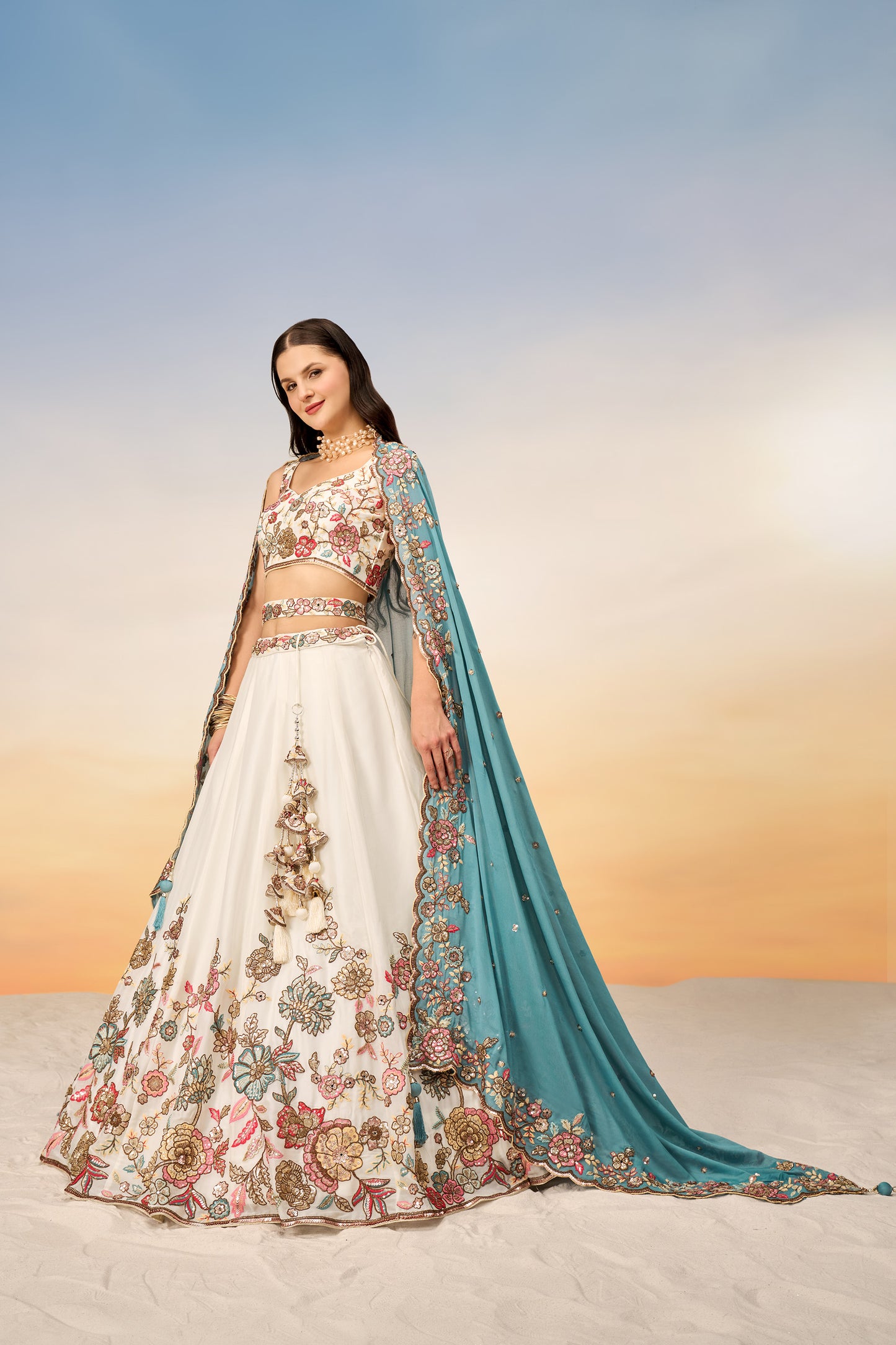 Cream Pure Georgette Mirror with Sequins embroidery Semi-Stitched Lehenga choli & Dupatta