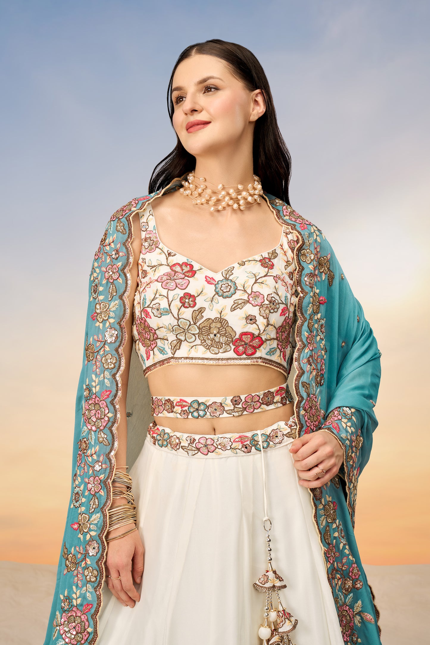 Cream Pure Georgette Mirror with Sequins embroidery Semi-Stitched Lehenga choli & Dupatta