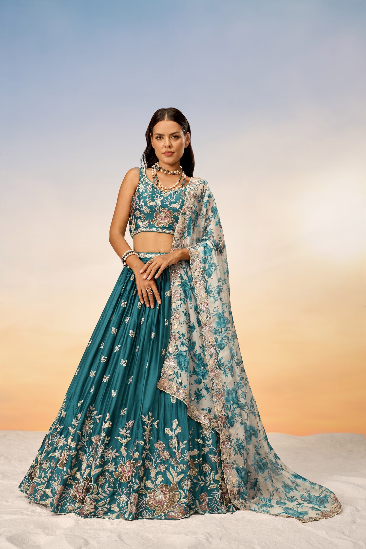 Teal Satin silk Sequins embroidery Lehenga Choli