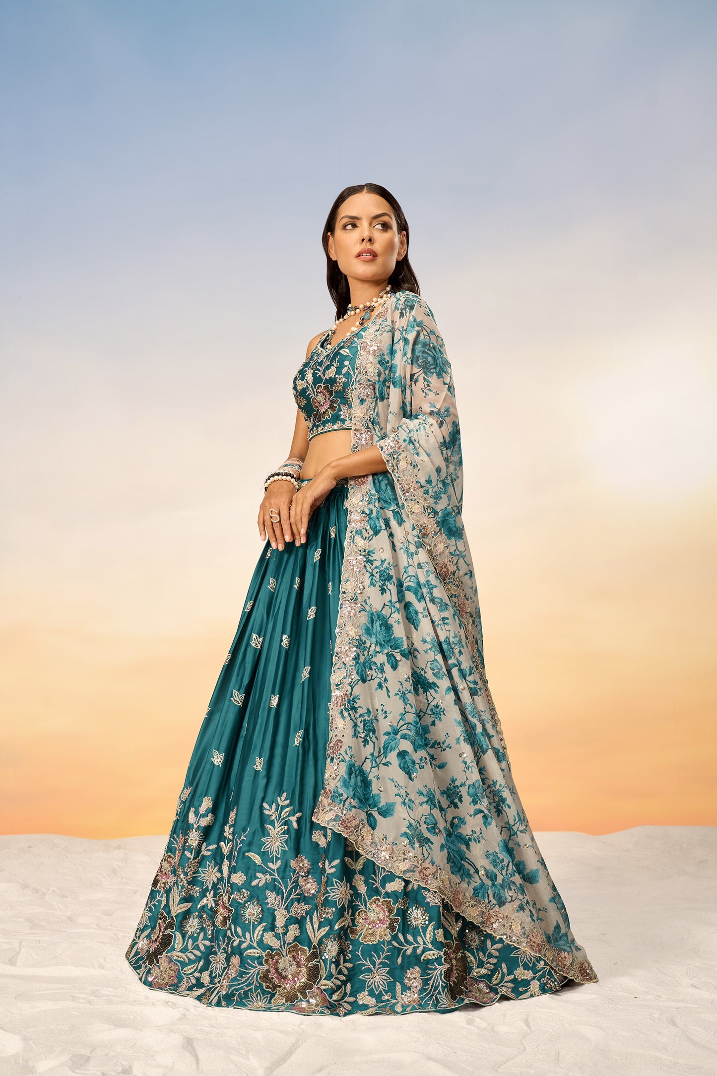 Teal Satin silk Sequins embroidery Lehenga Choli