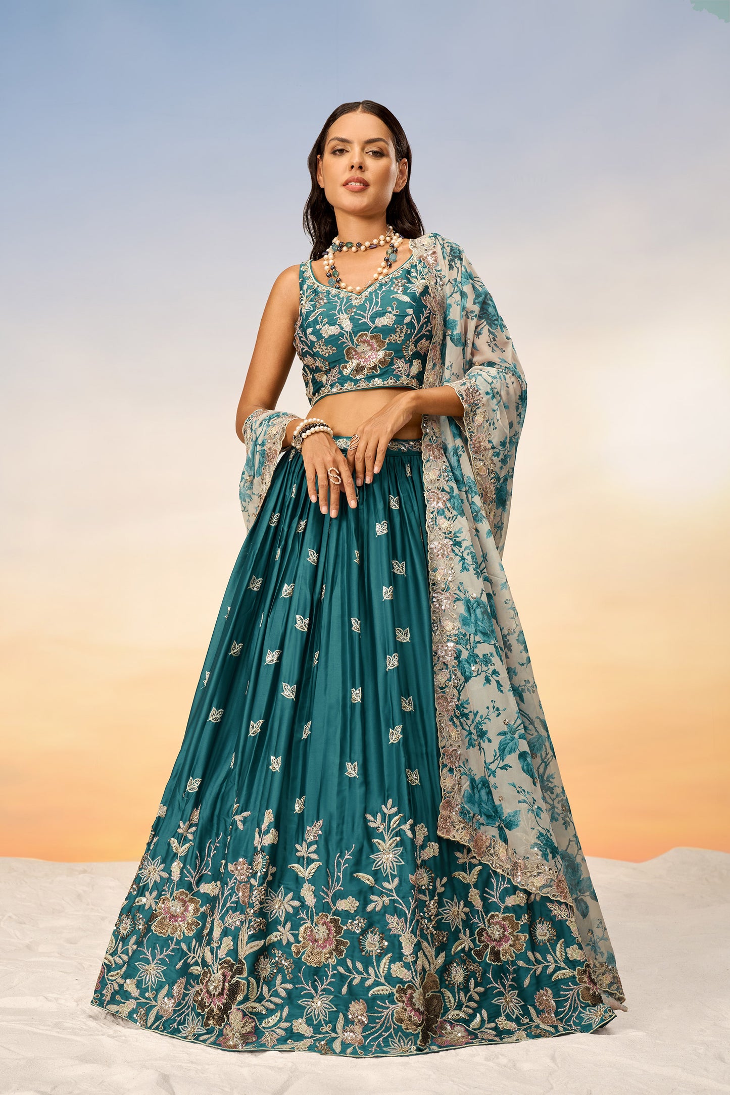 Teal Satin silk Sequins embroidery Lehenga Choli