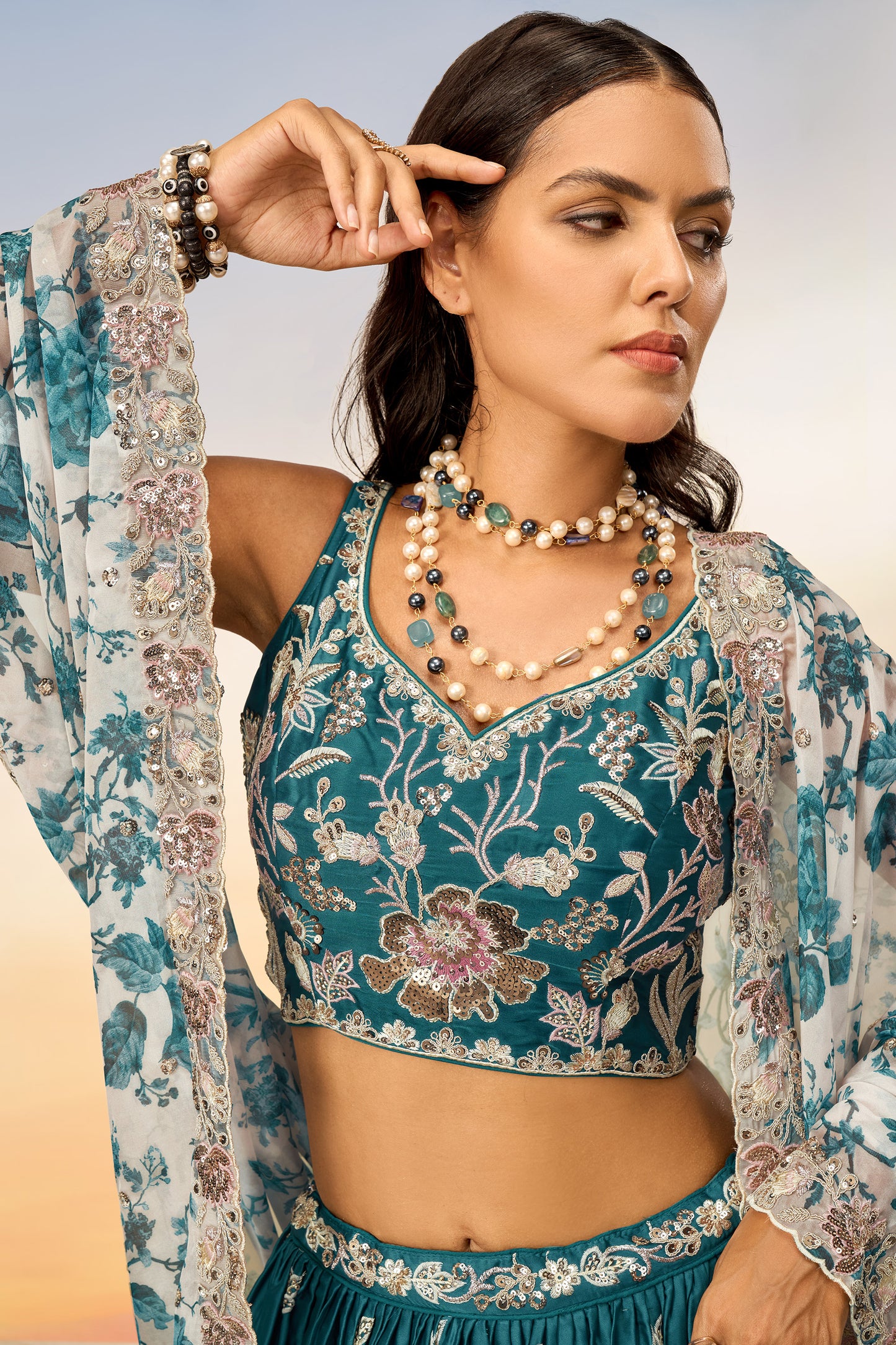 Teal Satin silk Sequins embroidery Lehenga Choli