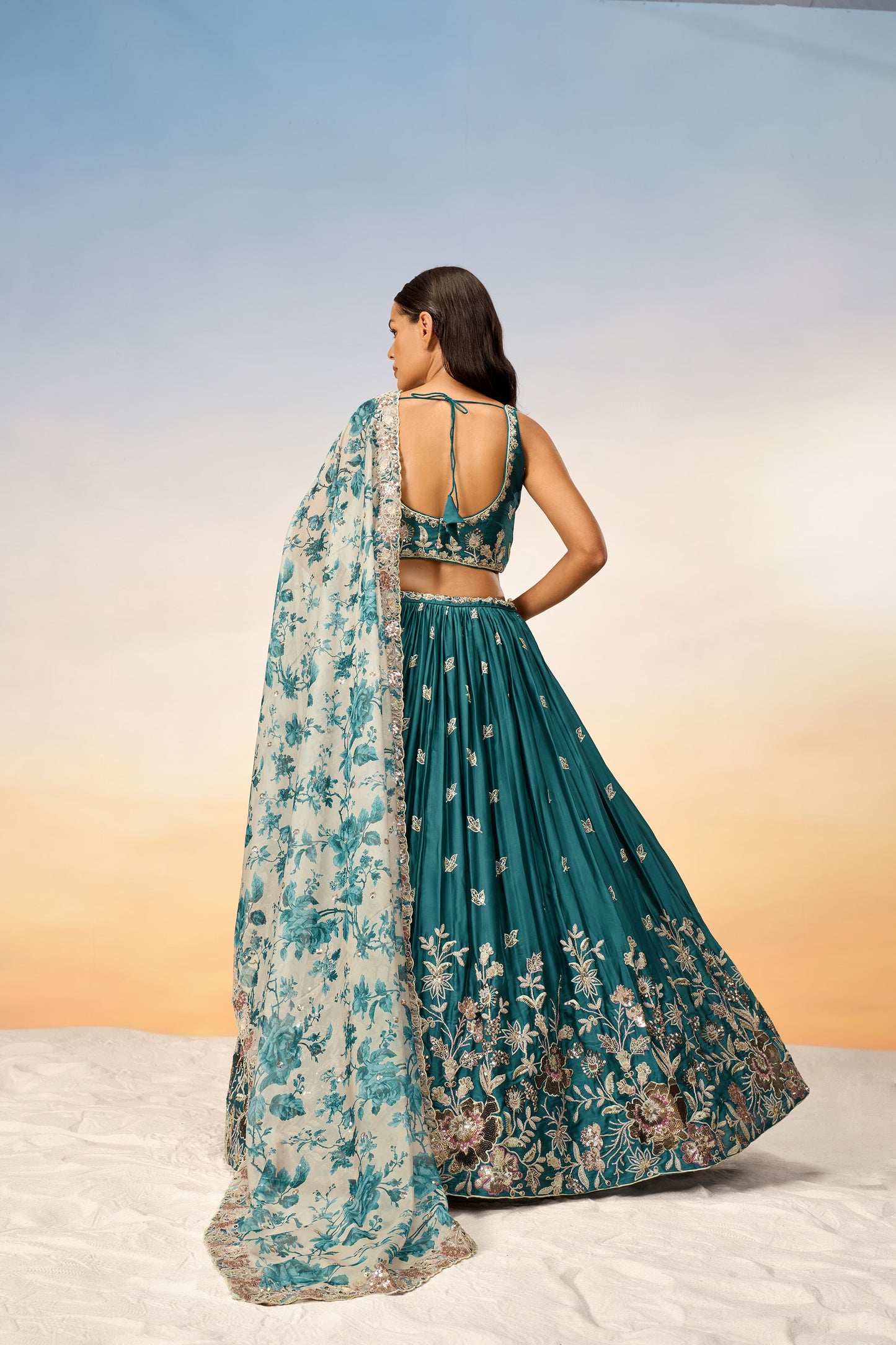 Teal Satin silk Sequins embroidery Lehenga Choli