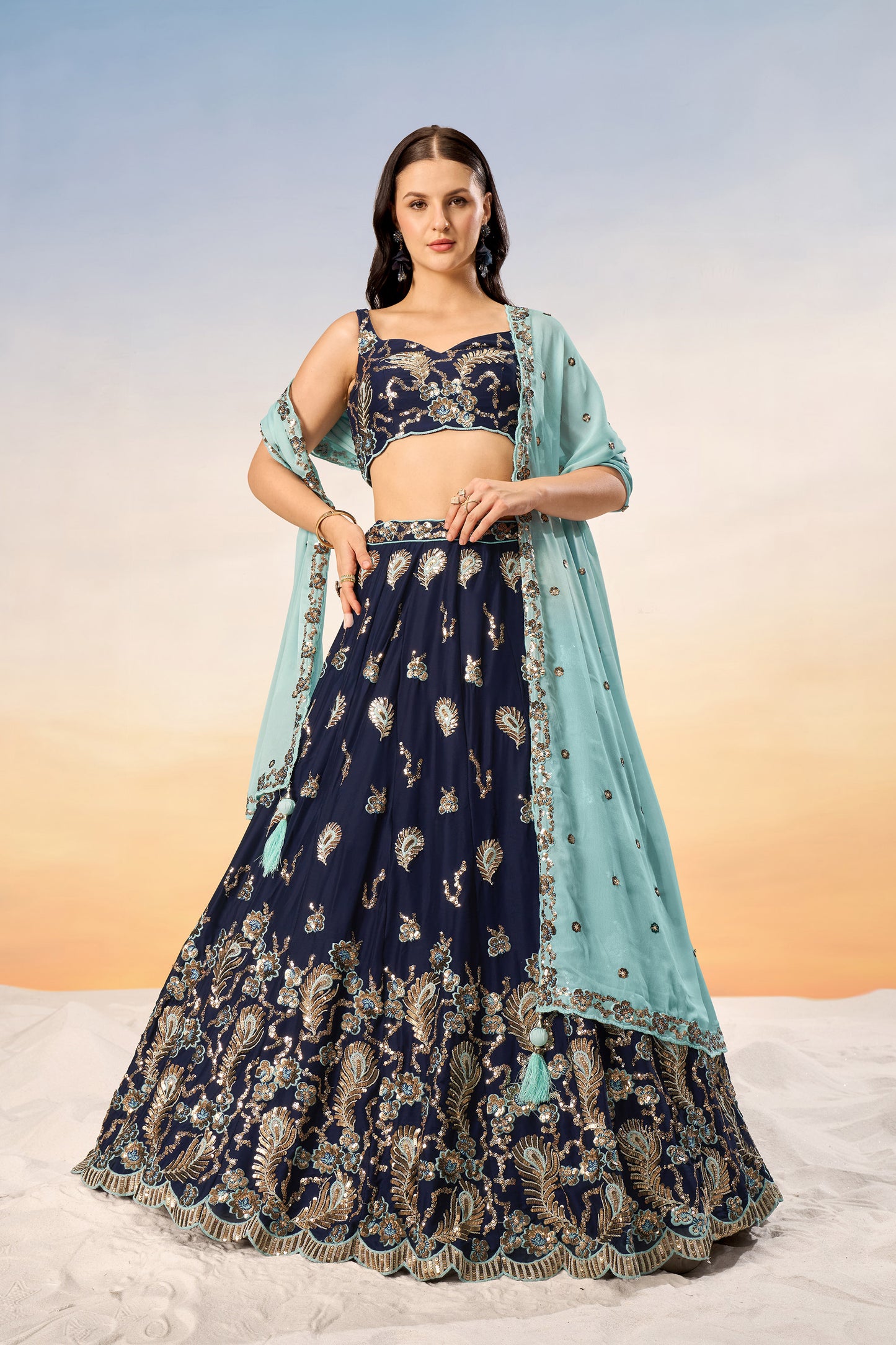 Navy blue Pure Georgette with heavy Sequins embroidery Lehenga Choli