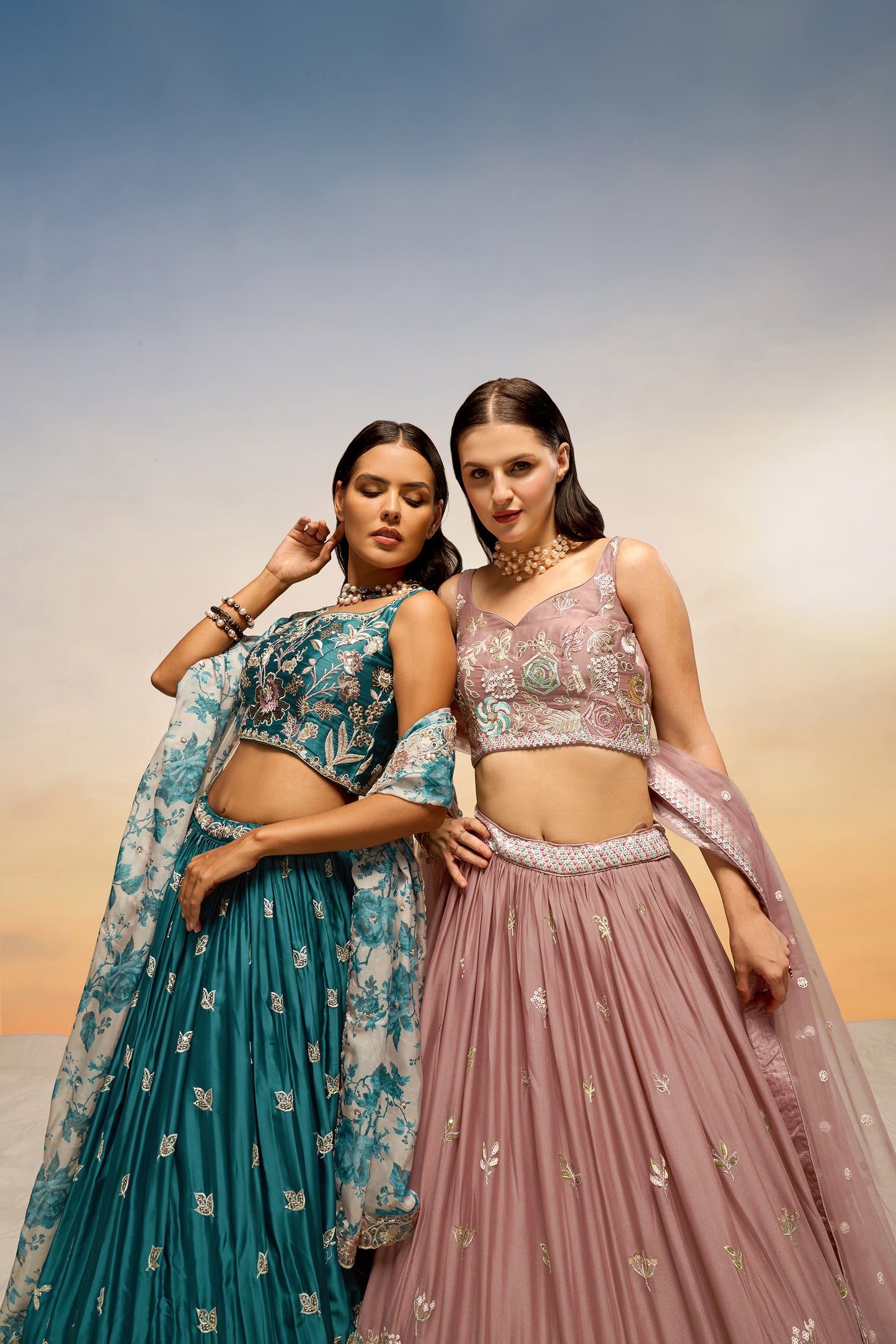 Teal Satin silk Sequins embroidery Lehenga Choli