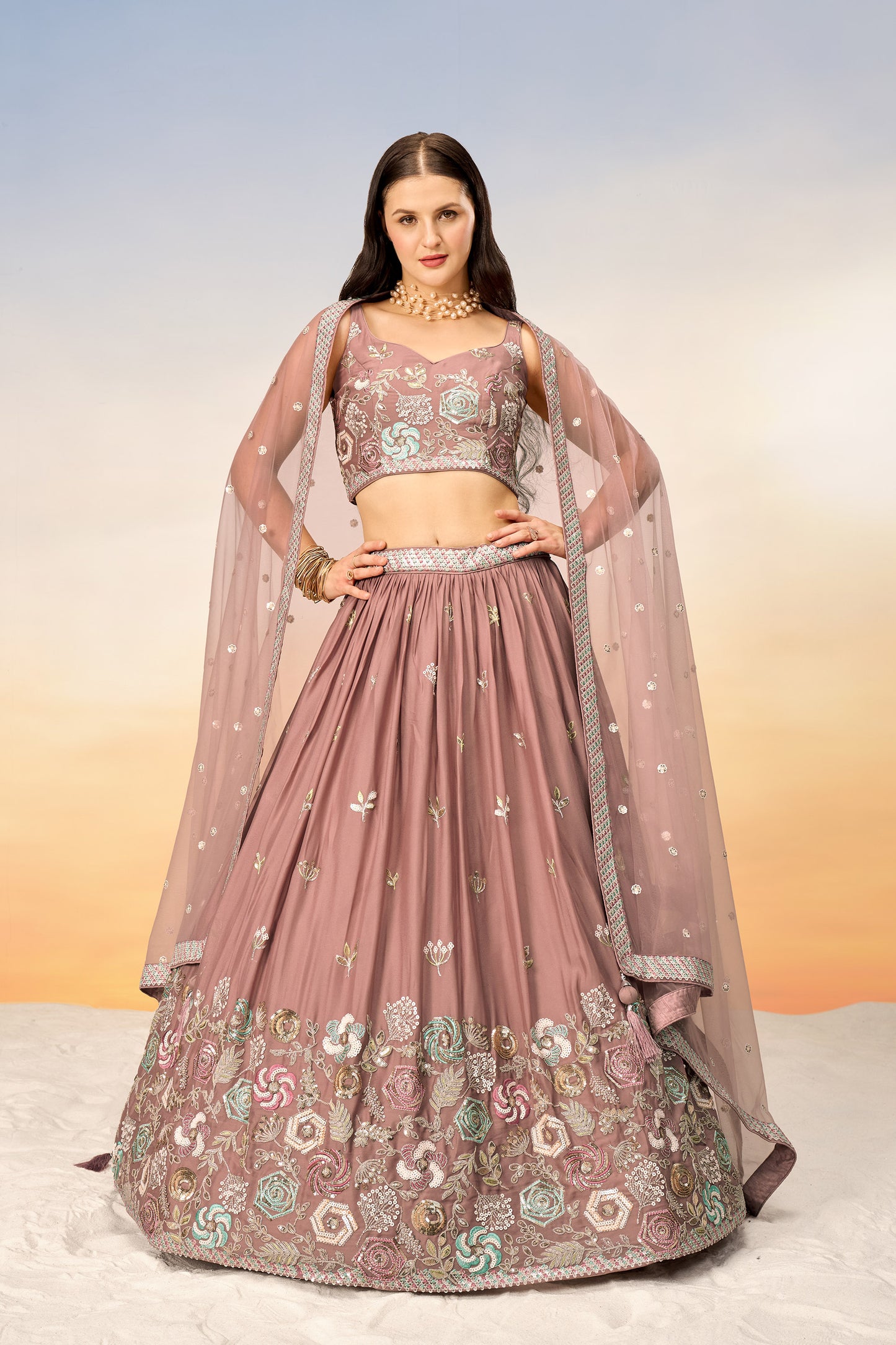 Rose gold Pure Georgette Sequins embroidery Lehenga Choli