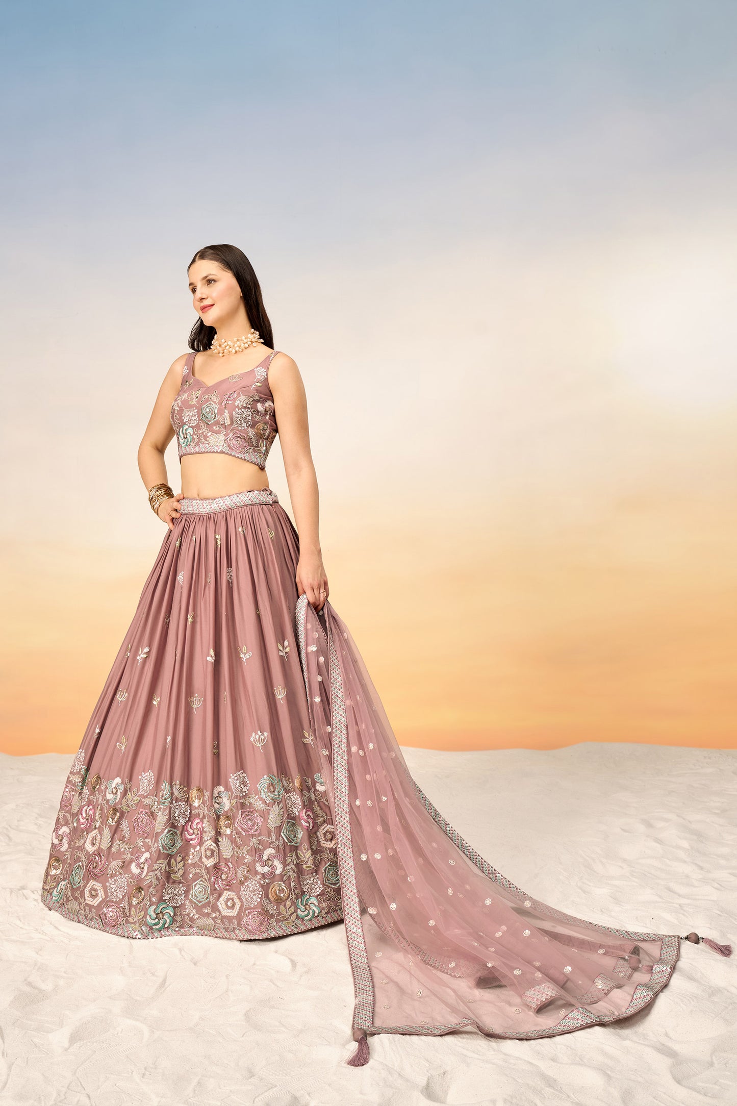 Rose gold Pure Georgette Sequins embroidery Lehenga Choli