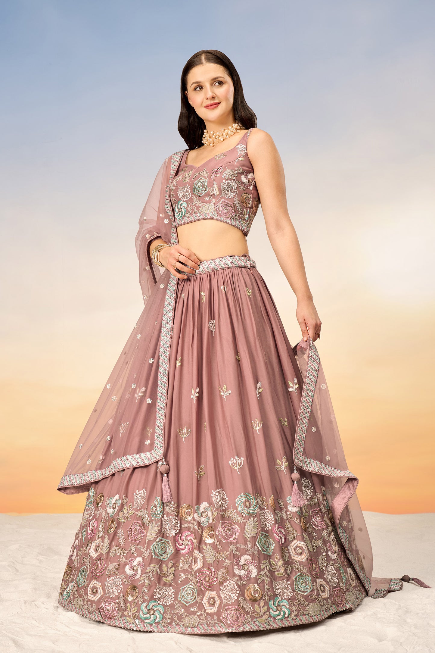 Rose gold Pure Georgette Sequins embroidery Lehenga Choli