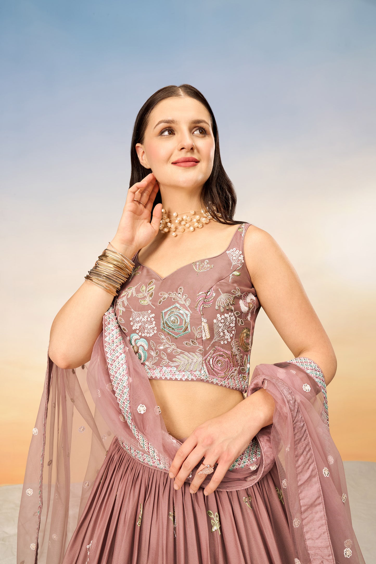 Rose gold Pure Georgette Sequins embroidery Lehenga Choli