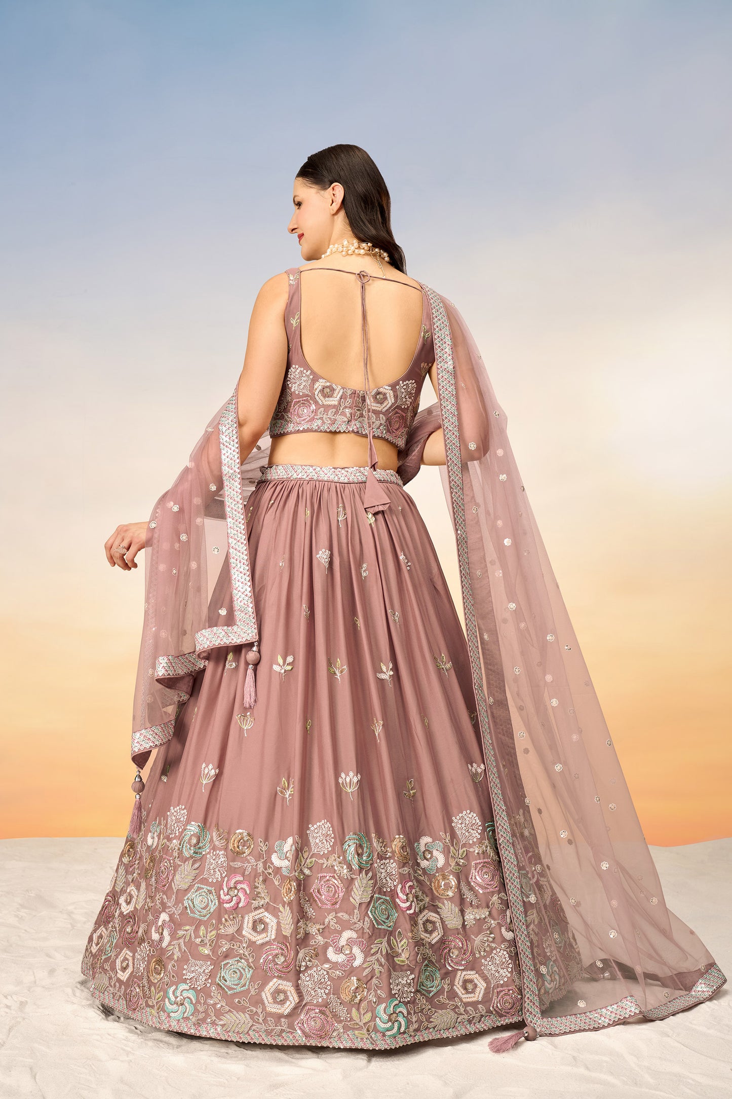 Rose gold Pure Georgette Sequins embroidery Lehenga Choli