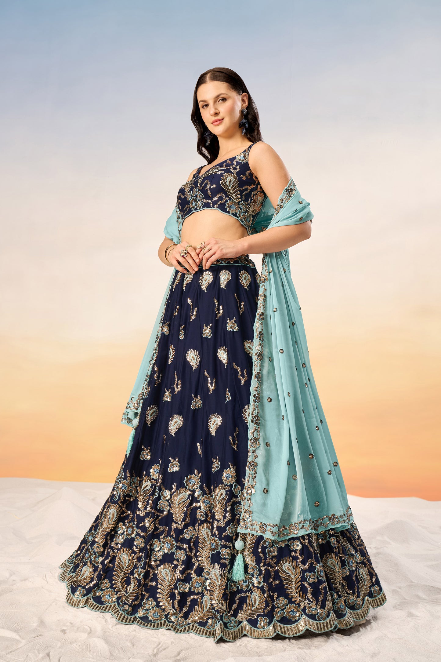 Navy blue Pure Georgette with heavy Sequins embroidery Lehenga Choli