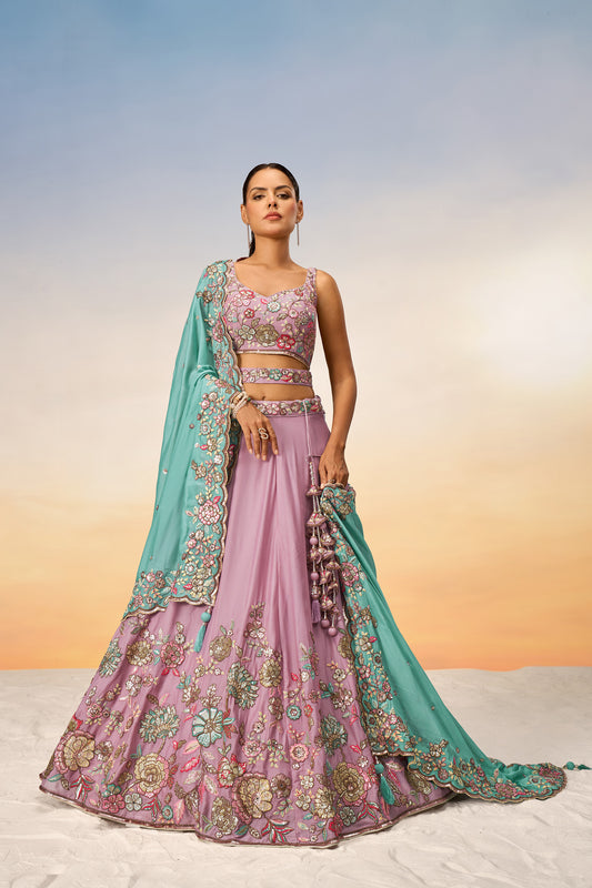 Mauve Pure Georgette Mirror with Sequins embroidery Semi-Stitched Lehenga choli & Dupatta