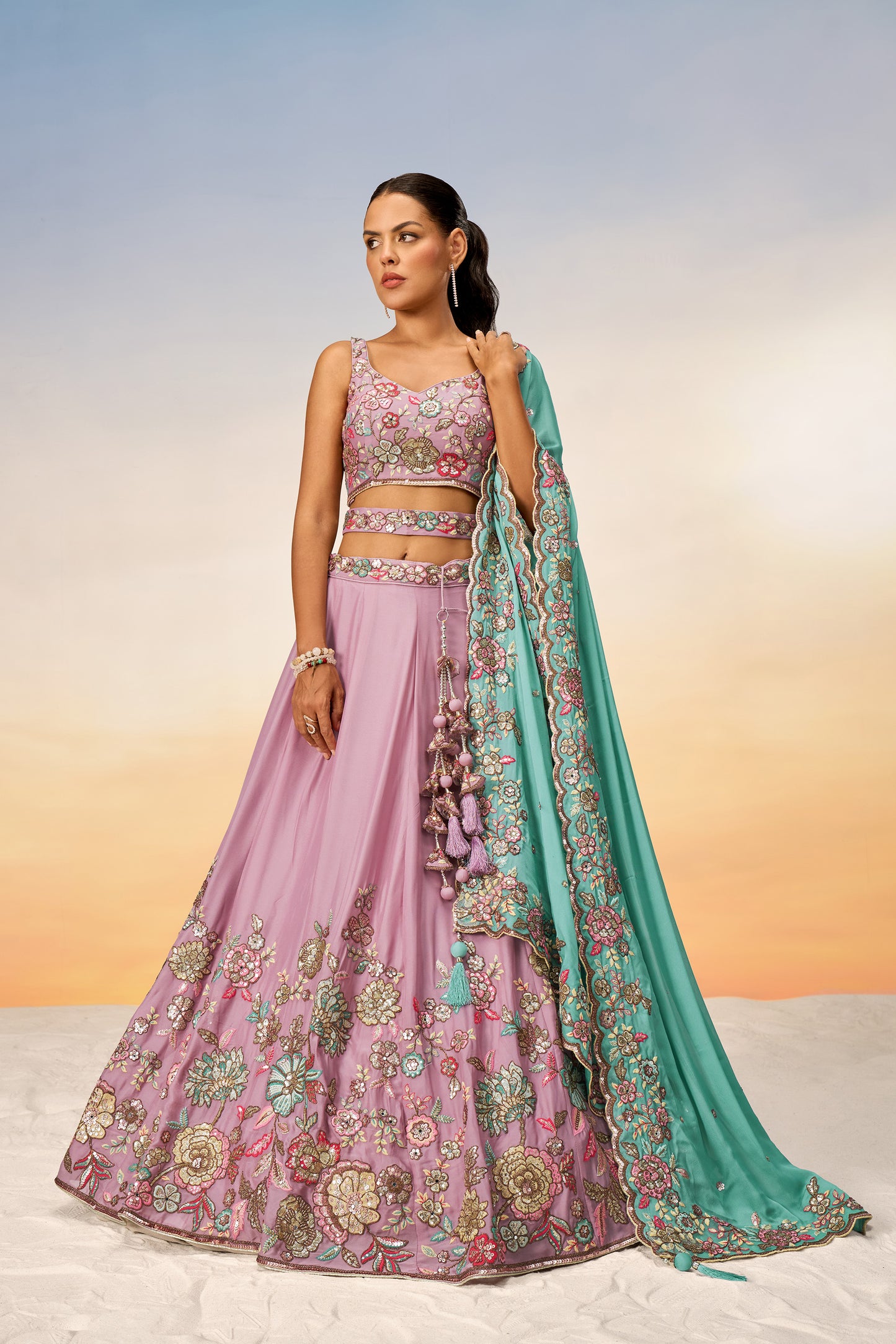 Mauve Pure Georgette Mirror with Sequins embroidery Semi-Stitched Lehenga choli & Dupatta