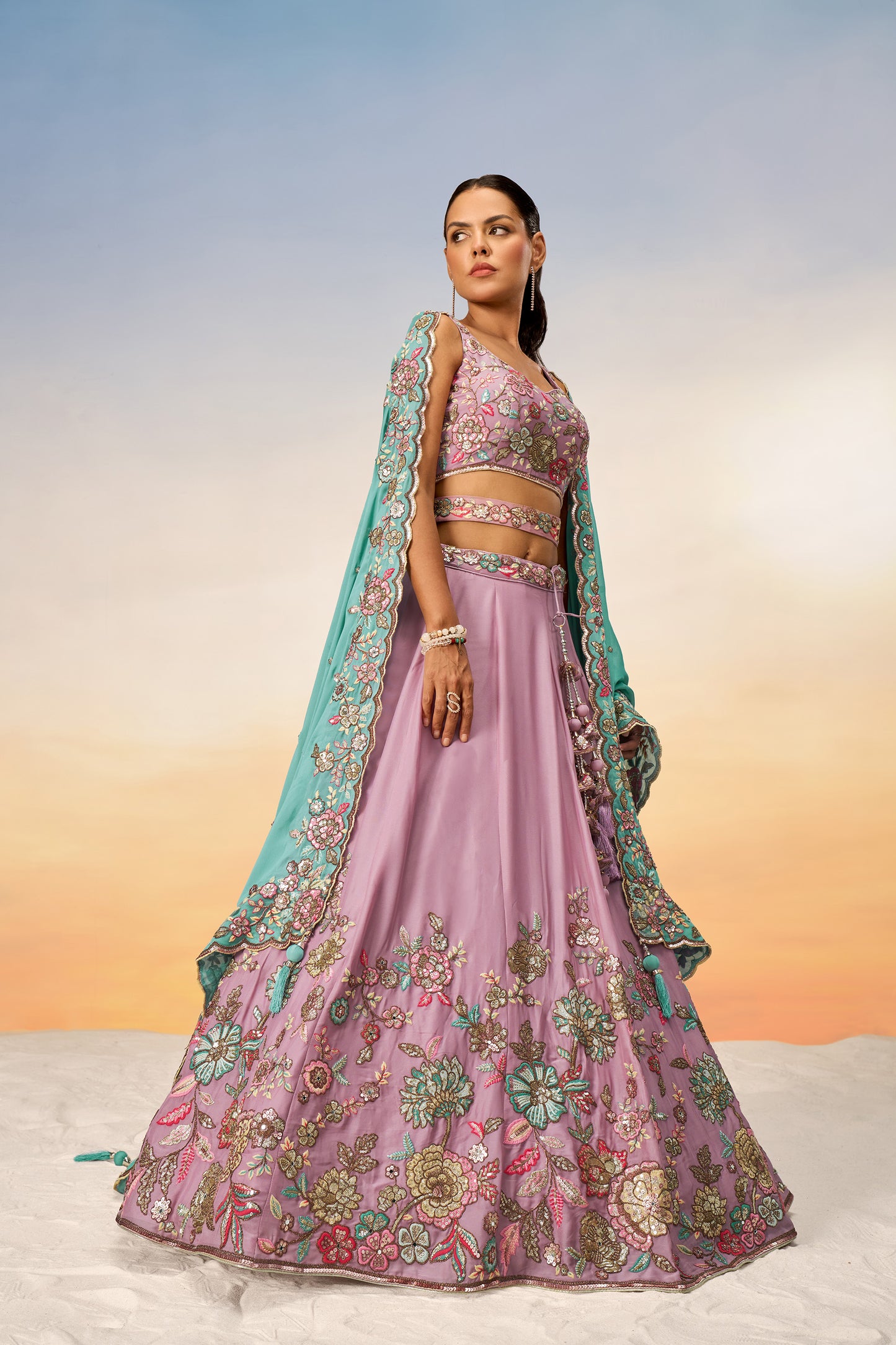 Mauve Pure Georgette Mirror with Sequins embroidery Semi-Stitched Lehenga choli & Dupatta