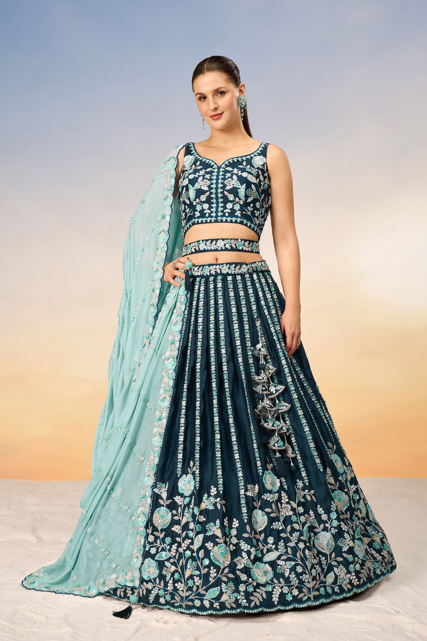 Teal Satin Sequins with heavy Sequins embroidery Lehenga Choli