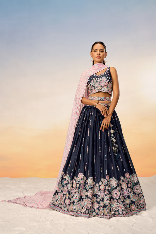 Navy Blue Satin Silk Sequins with heavy Sequins embroidery Lehenga choli