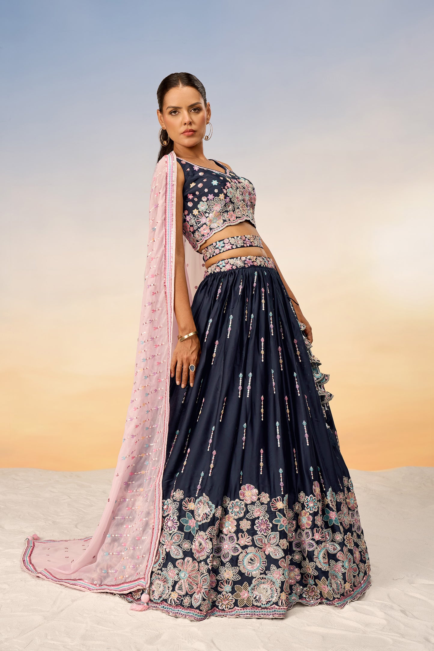 Navy Blue Satin Silk Sequins with heavy Sequins embroidery Lehenga choli